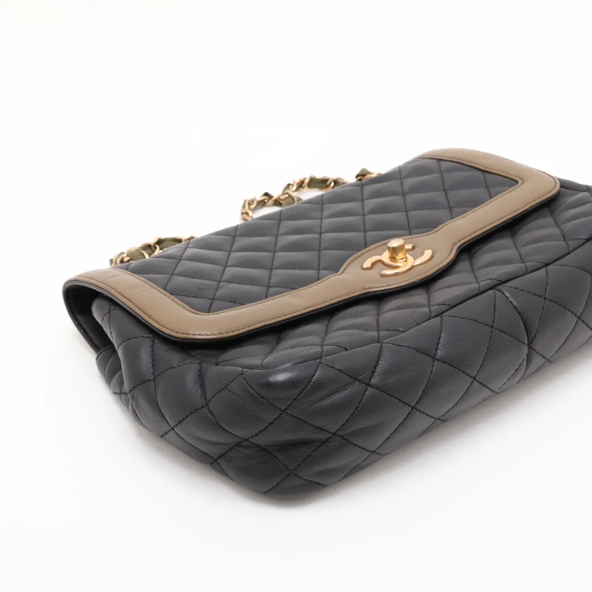Matelassé Lambskin Single Flap Double Chain Bag, Black x Khaki, Gold Hardware, 23797777, Serial Number 23 — view 4