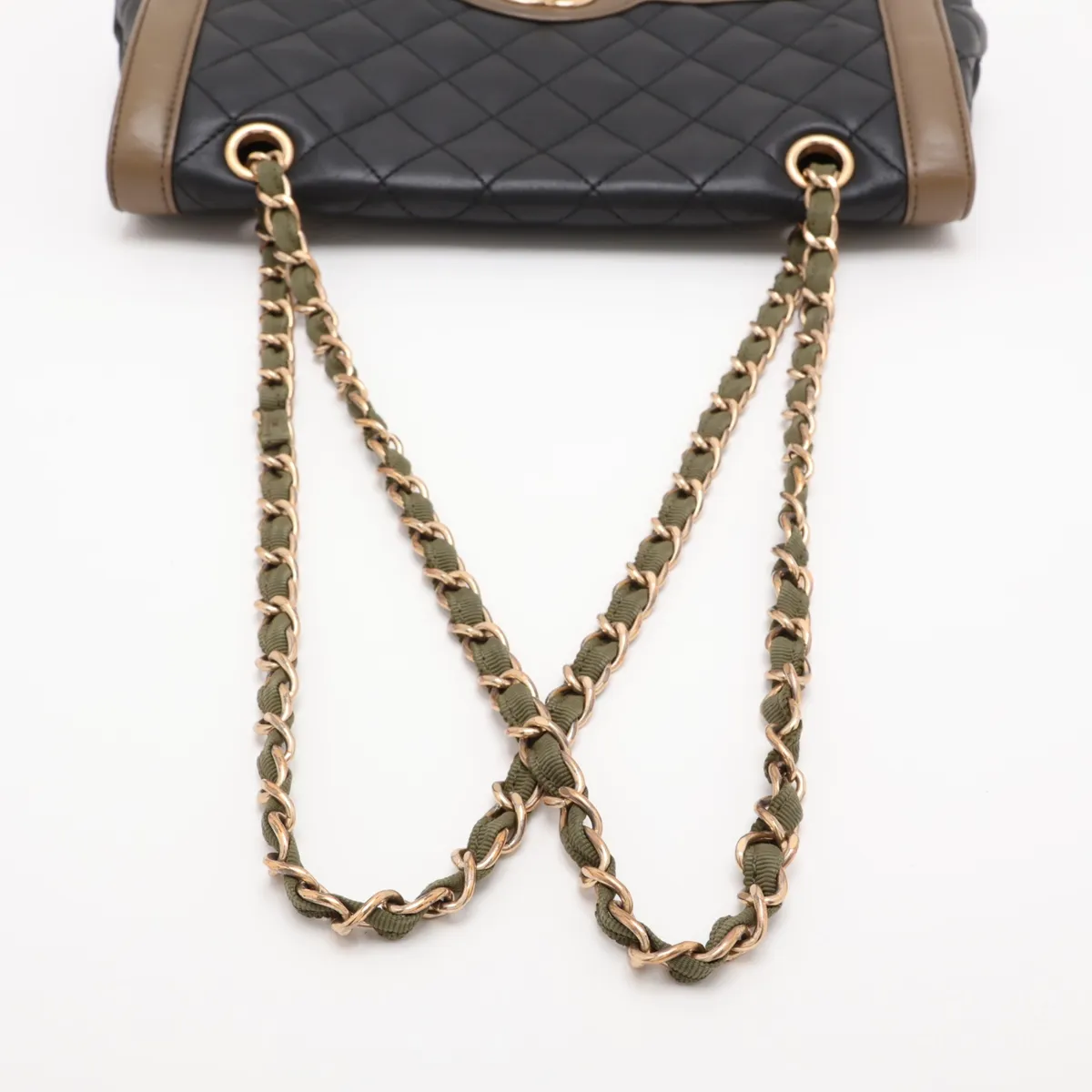 Matelassé Lambskin Single Flap Double Chain Bag, Black x Khaki, Gold Hardware, 23797777, Serial Number 23 — view 5
