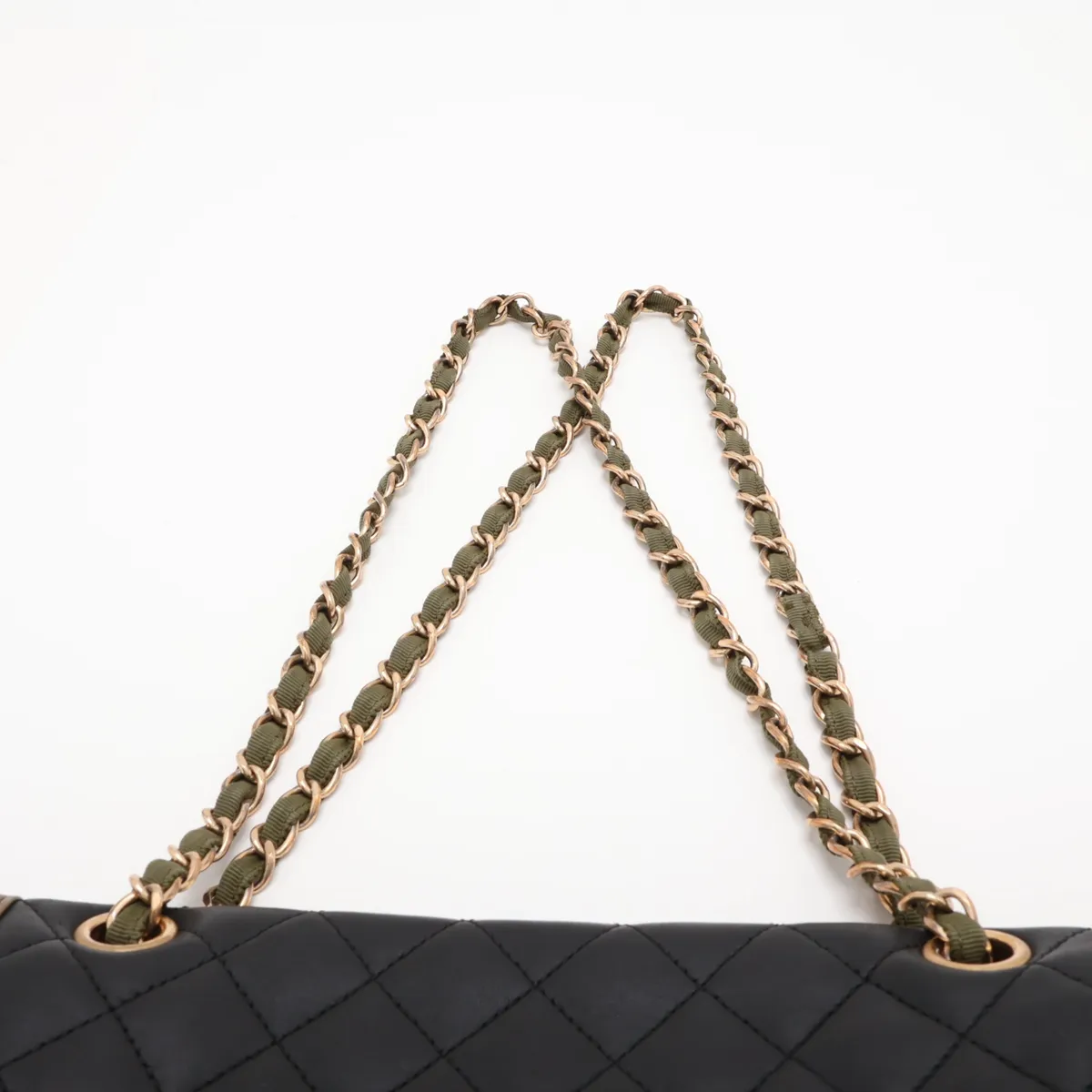 Matelassé Lambskin Single Flap Double Chain Bag, Black x Khaki, Gold Hardware, 23797777, Serial Number 23 — view 6