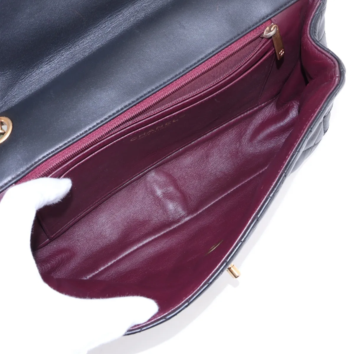 Matelassé Lambskin Single Flap Double Chain Bag, Black x Khaki, Gold Hardware, 23797777, Serial Number 23 — view 7