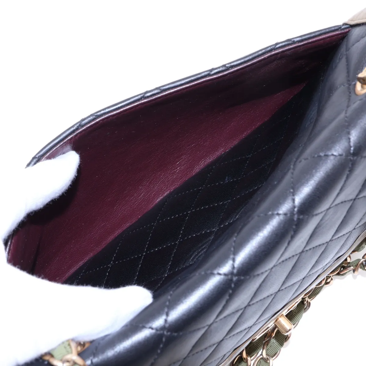 Matelassé Lambskin Single Flap Double Chain Bag, Black x Khaki, Gold Hardware, 23797777, Serial Number 23 — view 10