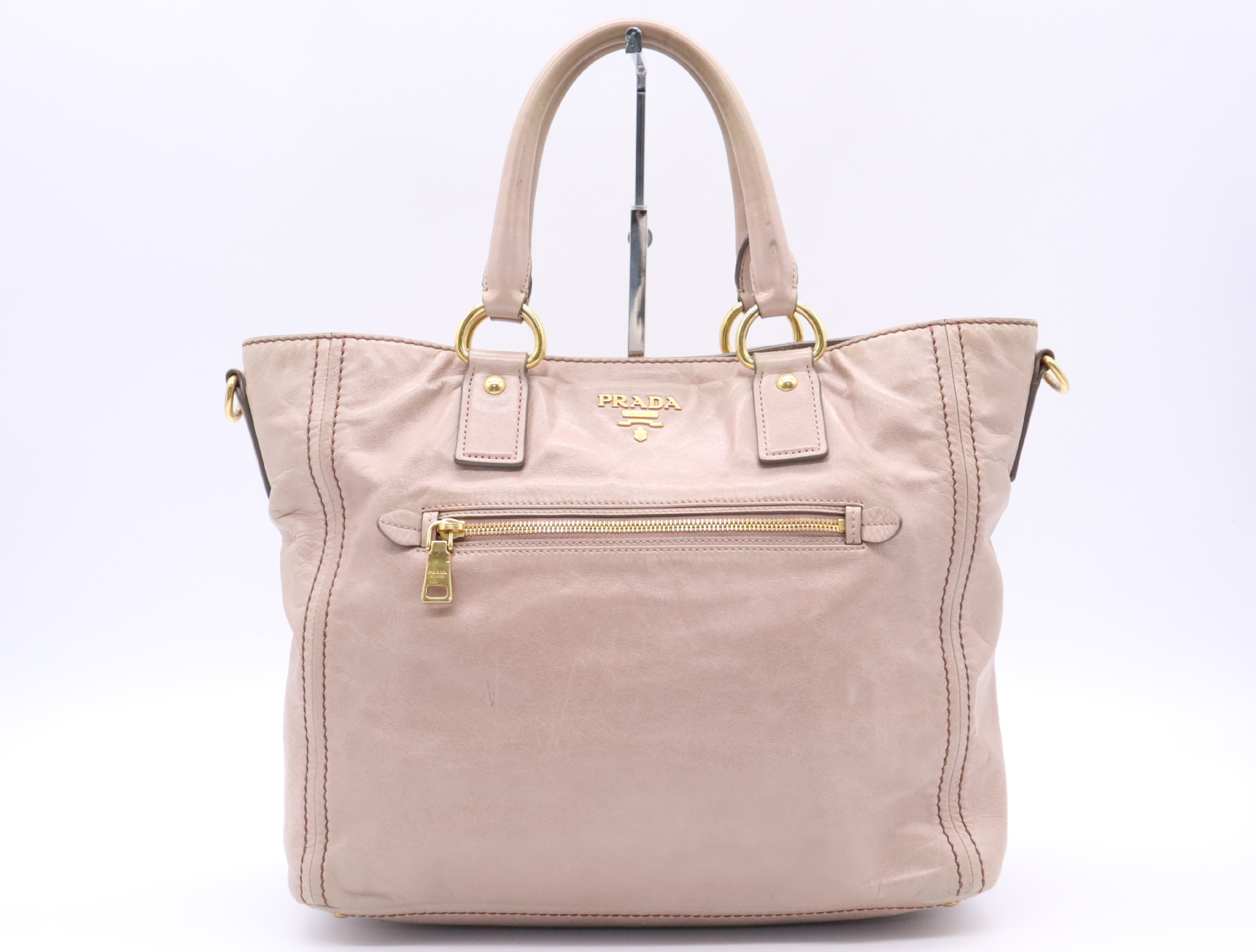 Leather Tote Bag, Pink Beige, Gold Hardware