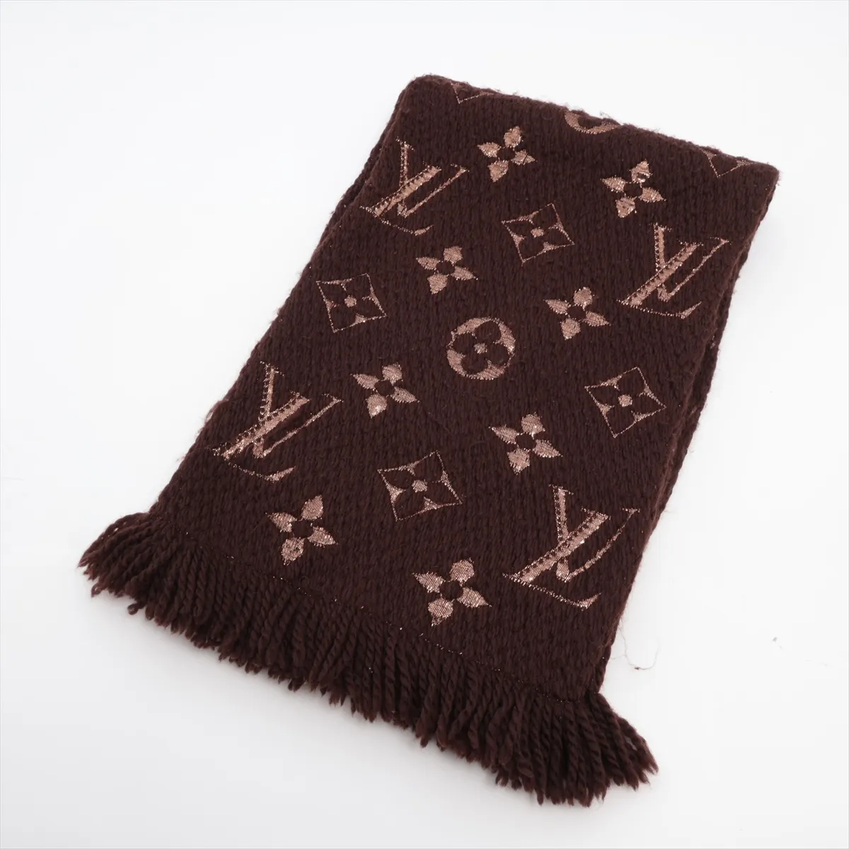M71383 Echarpe Logomania Shine IS1220 Scarf, Wool x Silk x Polyester, Brown x Gold. Shows wear,