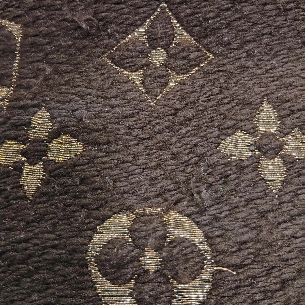 M71383 Echarpe Logomania Shine IS1220 Scarf, Wool x Silk x Polyester, Brown x Gold. Shows wear, — view 5