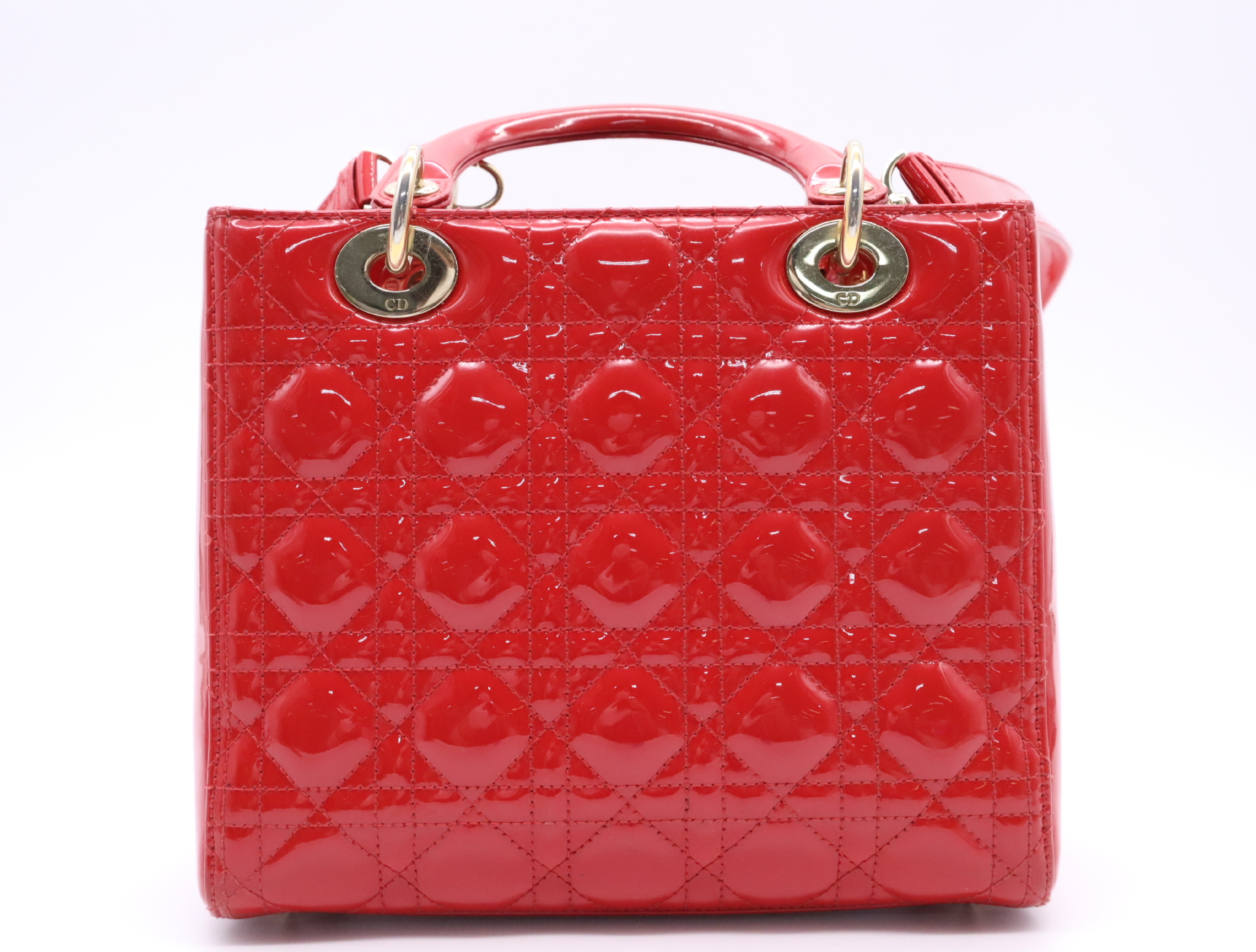 Patent Leather Lady Dior Cannage Handbag, Red, with Shoulder Strap — view 2