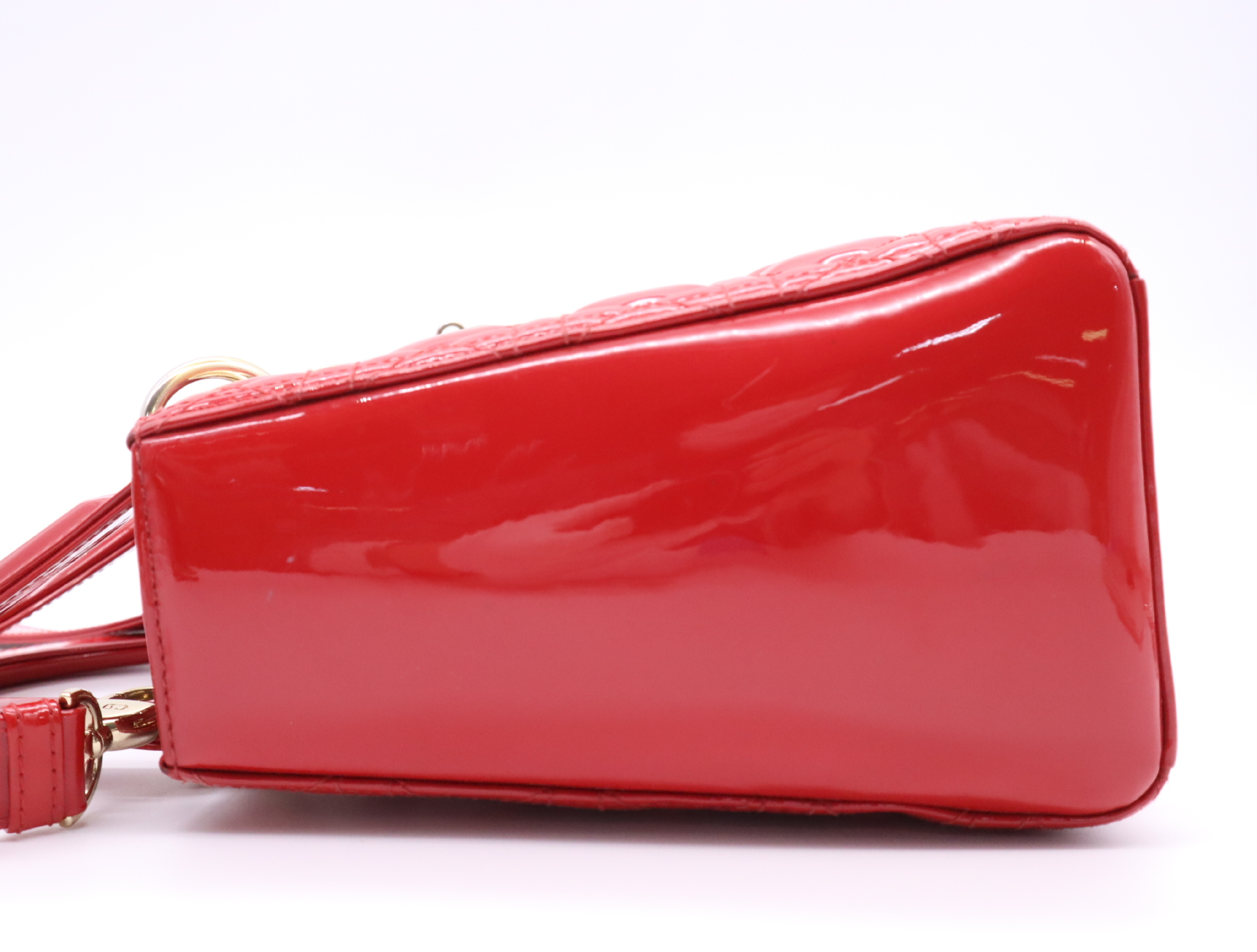 Patent Leather Lady Dior Cannage Handbag, Red, with Shoulder Strap — view 3