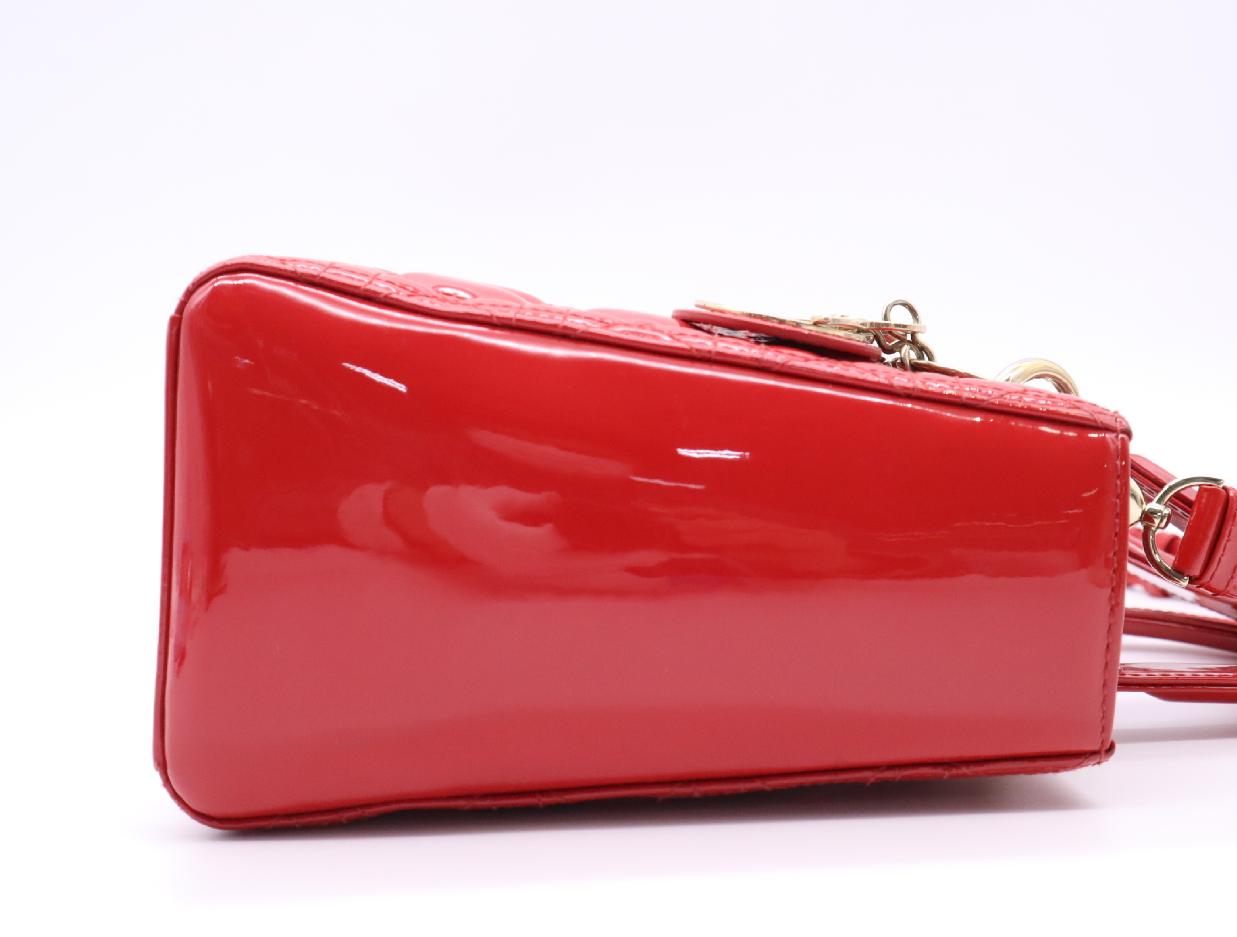 Patent Leather Lady Dior Cannage Handbag, Red, with Shoulder Strap — view 5