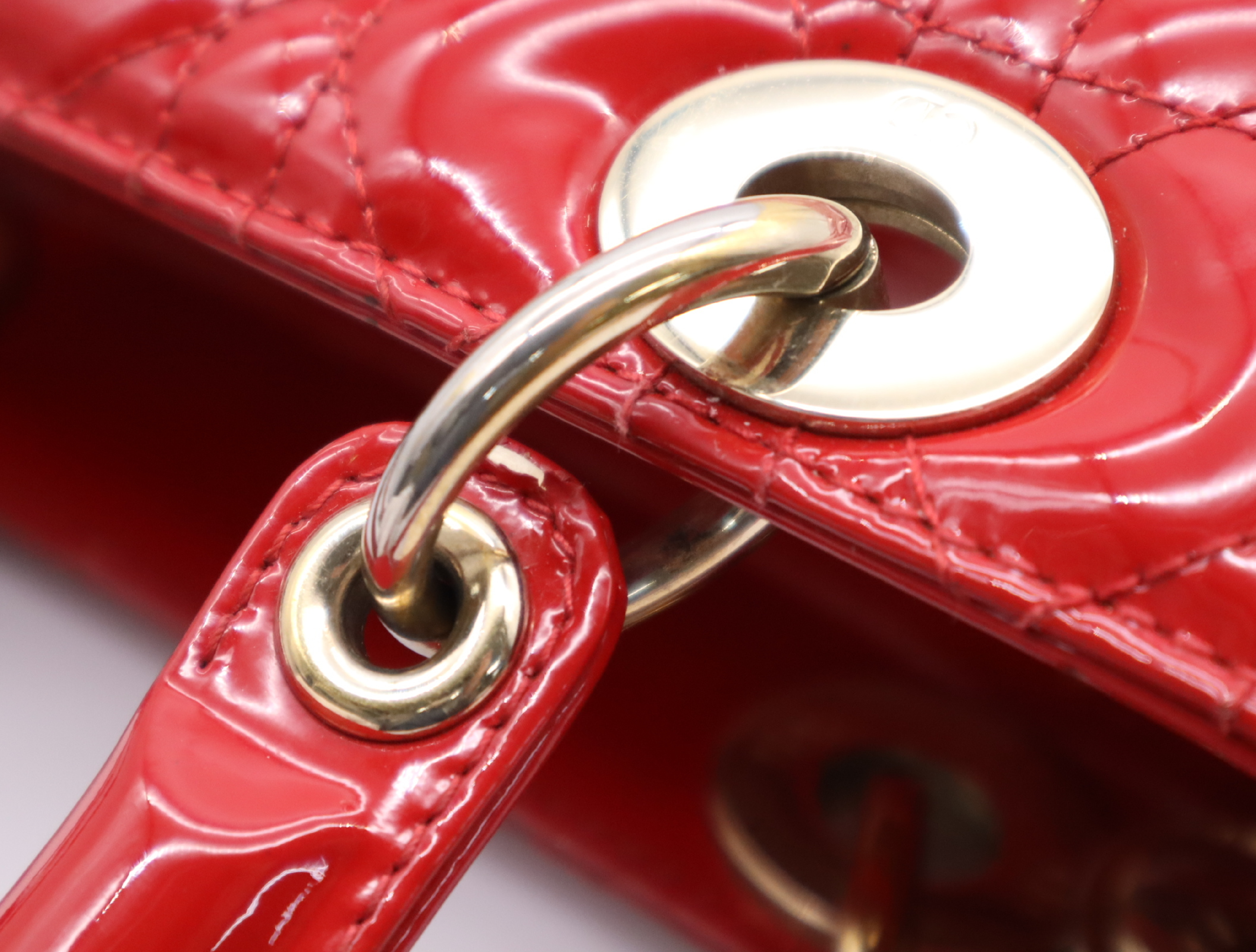 Patent Leather Lady Dior Cannage Handbag, Red, with Shoulder Strap — view 10