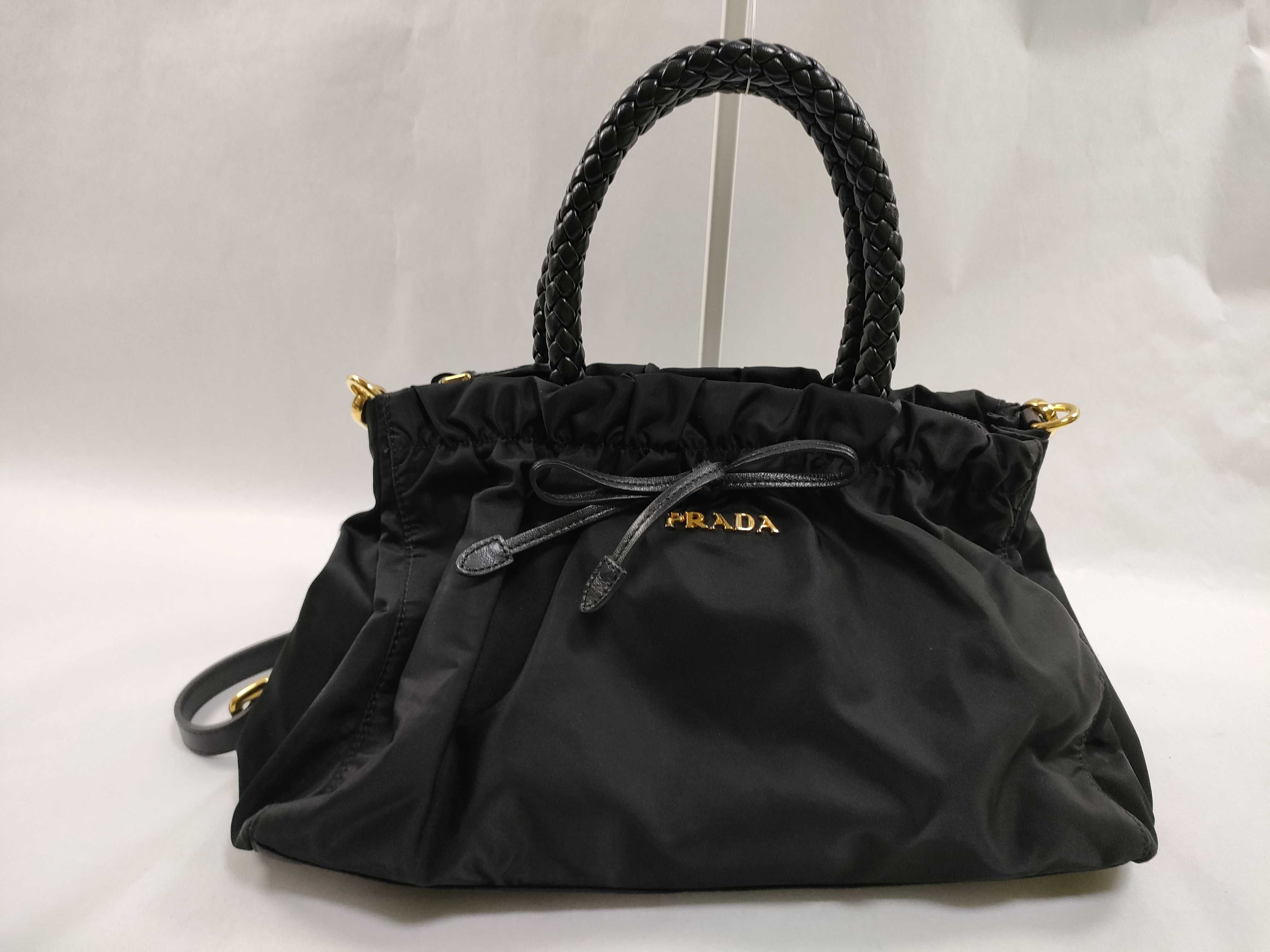 Nylon White Tag 194 Ribbon 2-way Bag, Nylon Black, with Shoulder Strap, Handbag