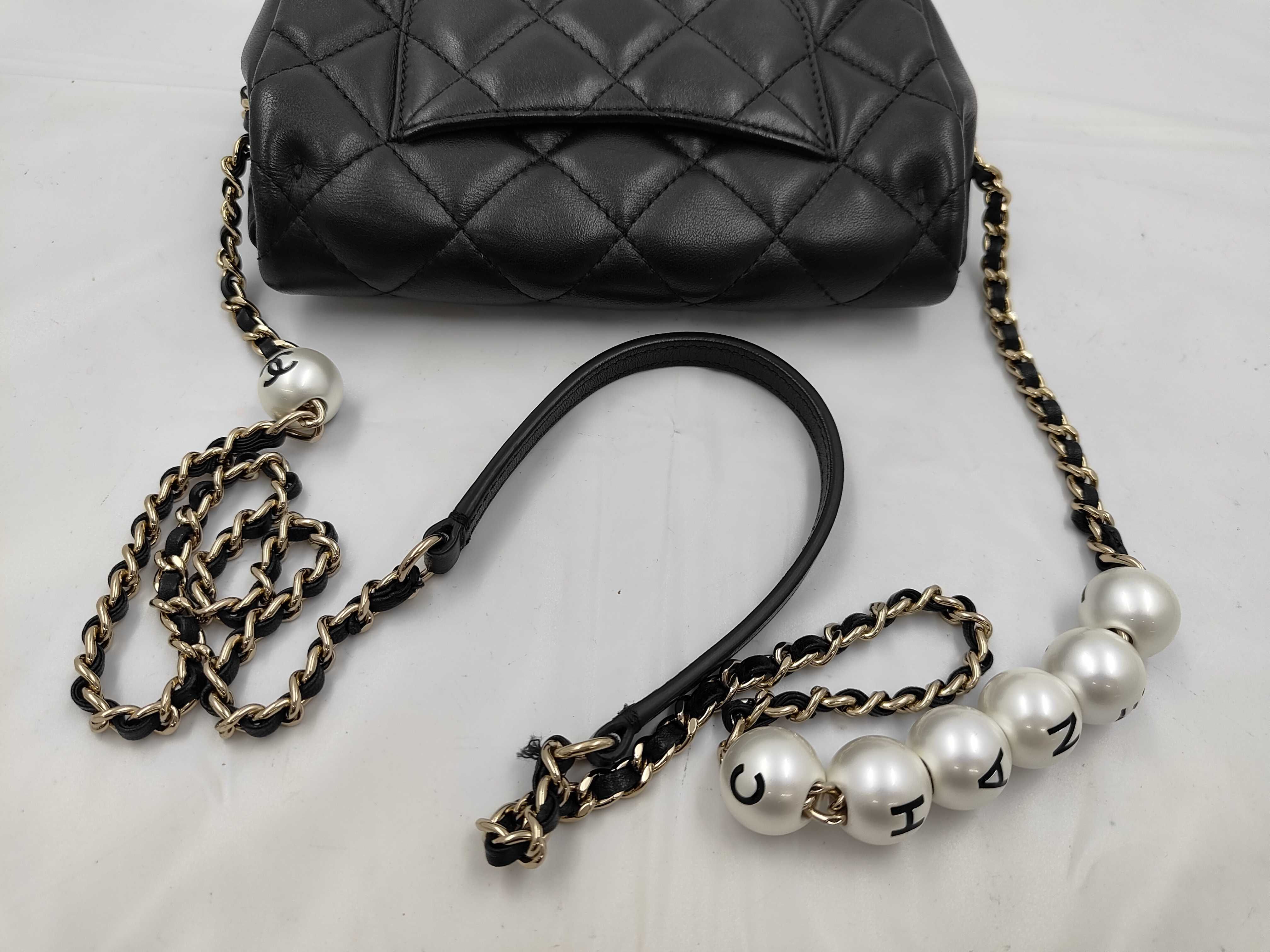 Mini Matelassé Pearl Lambskin Gold Hardware Chain Shoulder Bag, Card & Seal Serial Number , AS1436, Black Shoulder Bag — view 3