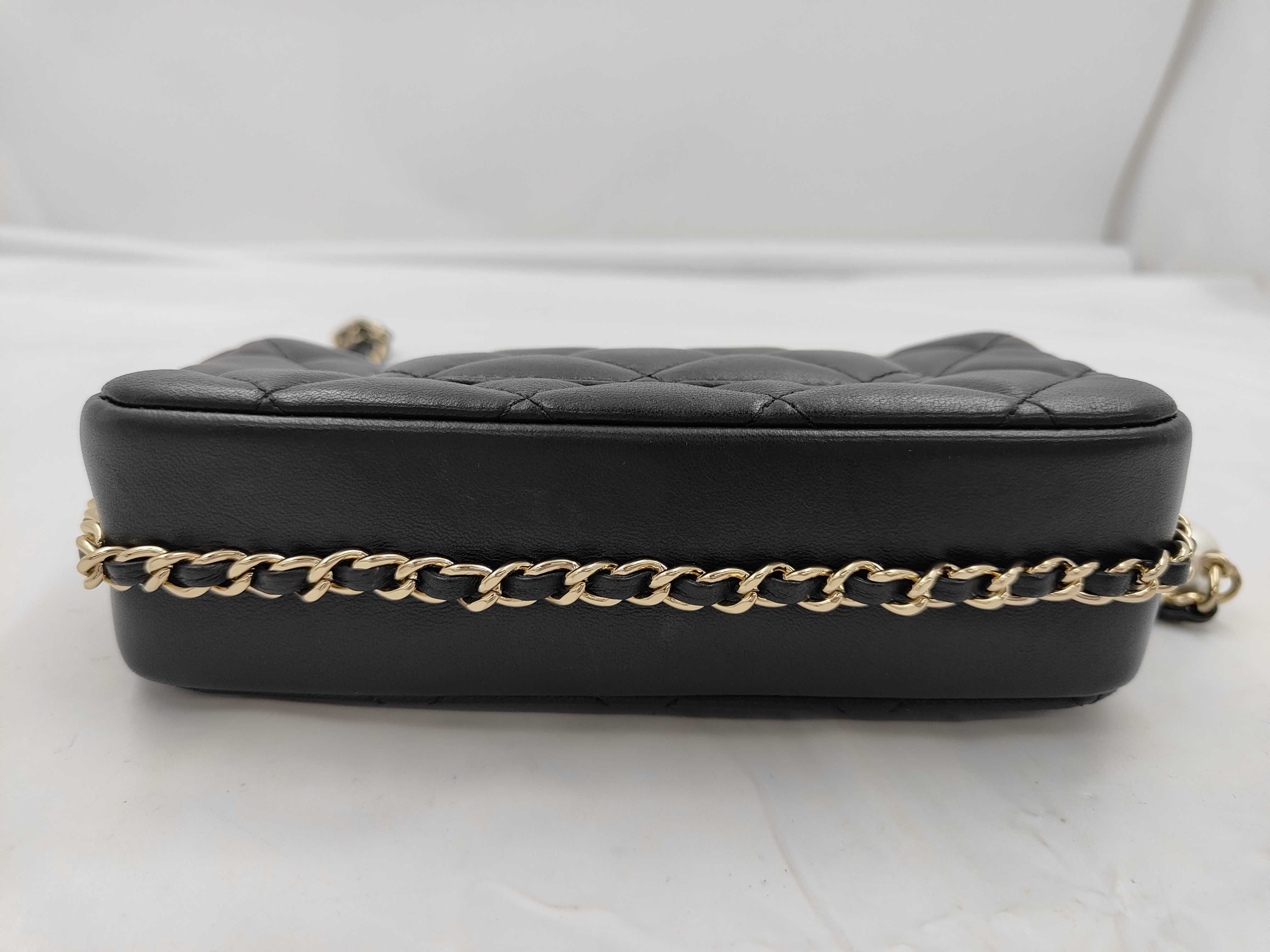 Mini Matelassé Pearl Lambskin Gold Hardware Chain Shoulder Bag, Card & Seal Serial Number , AS1436, Black Shoulder Bag — view 6