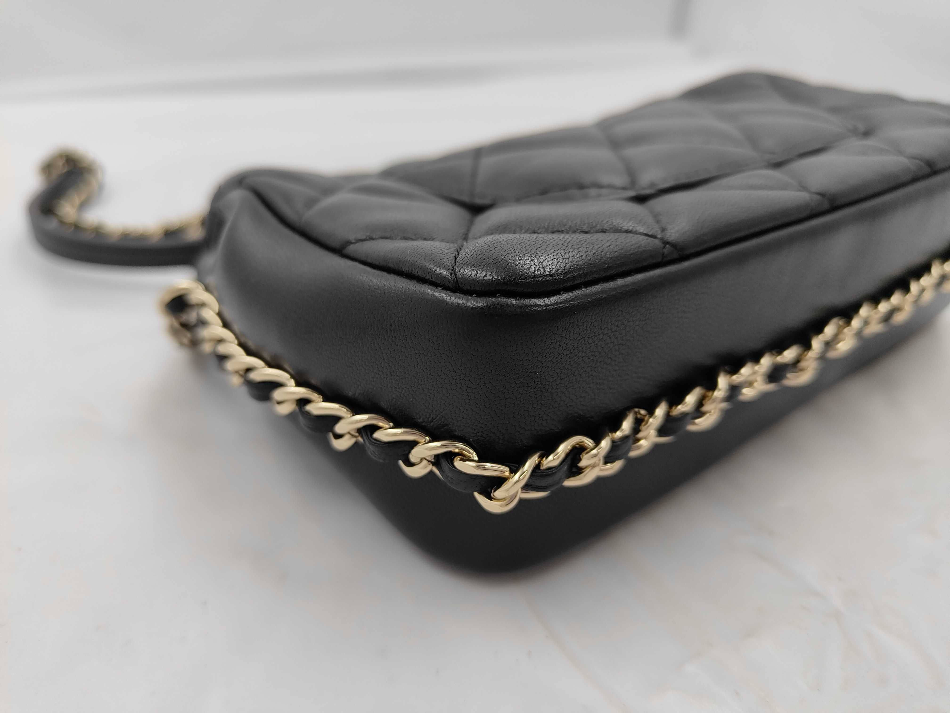 Mini Matelassé Pearl Lambskin Gold Hardware Chain Shoulder Bag, Card & Seal Serial Number , AS1436, Black Shoulder Bag — view 7