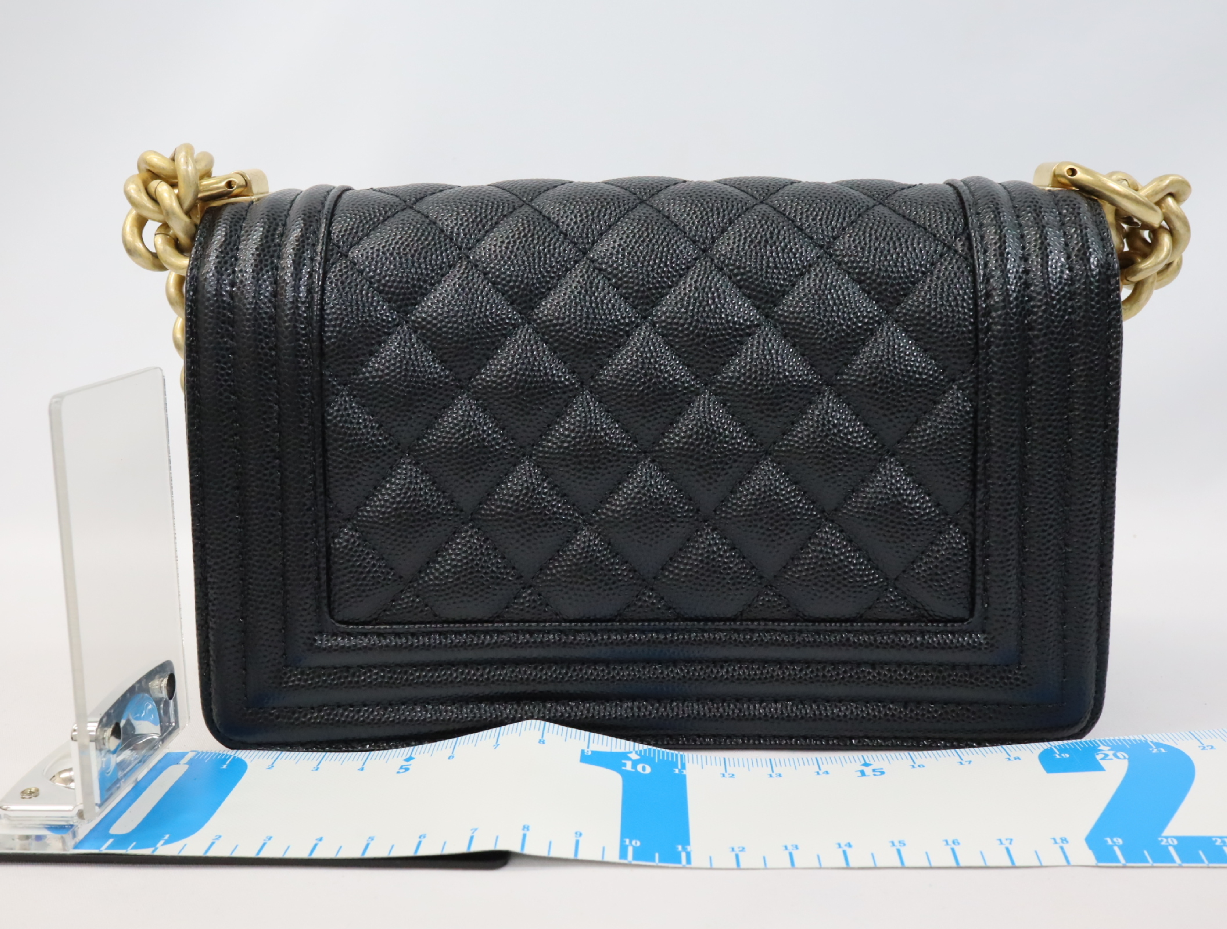 Boy Chanel 20 Small Caviar Skin Chain Shoulder Bag, Black with Gold Hardware and Random Plate Design (A67085) — view 2