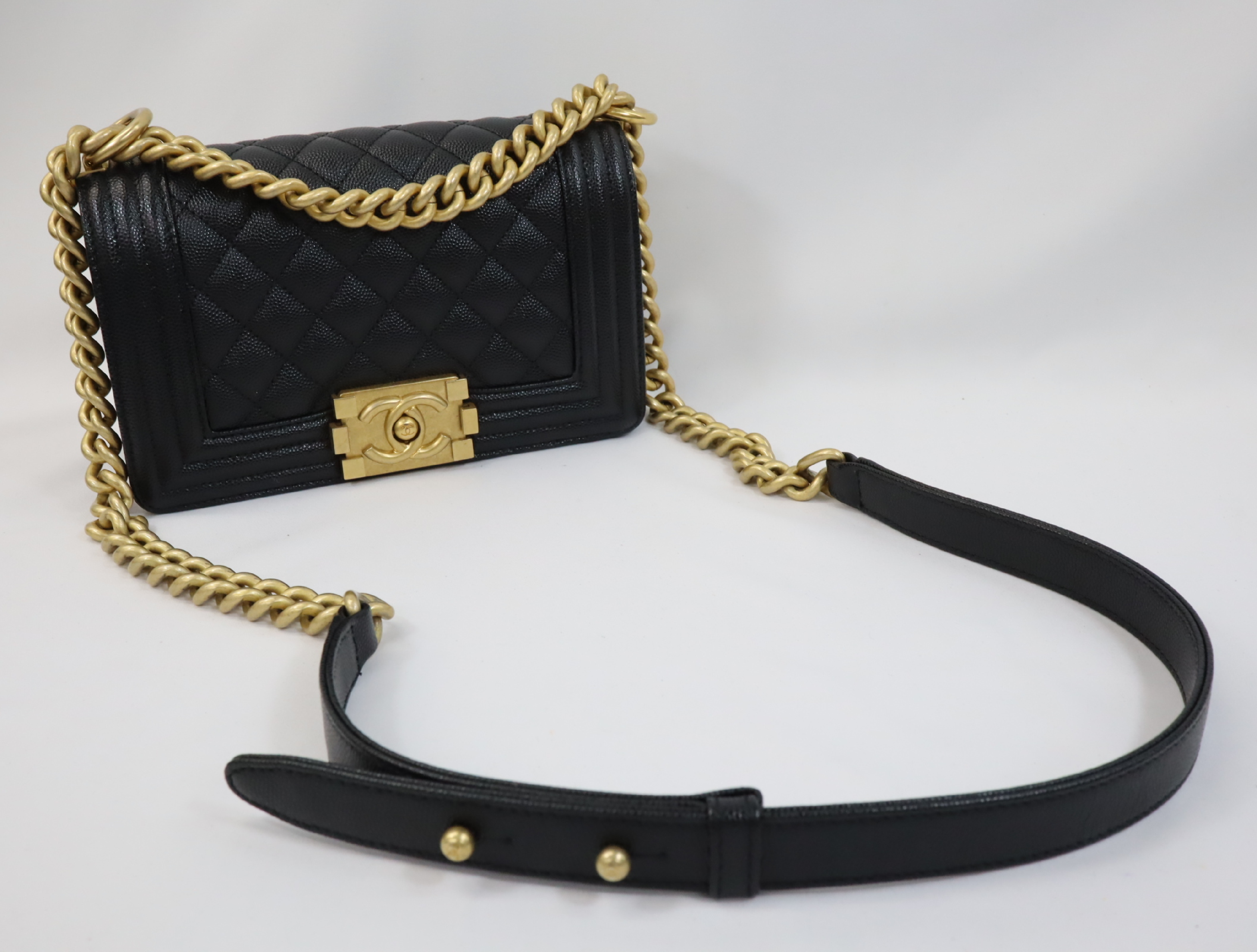 Boy Chanel 20 Small Caviar Skin Chain Shoulder Bag, Black with Gold Hardware and Random Plate Design (A67085) — view 11