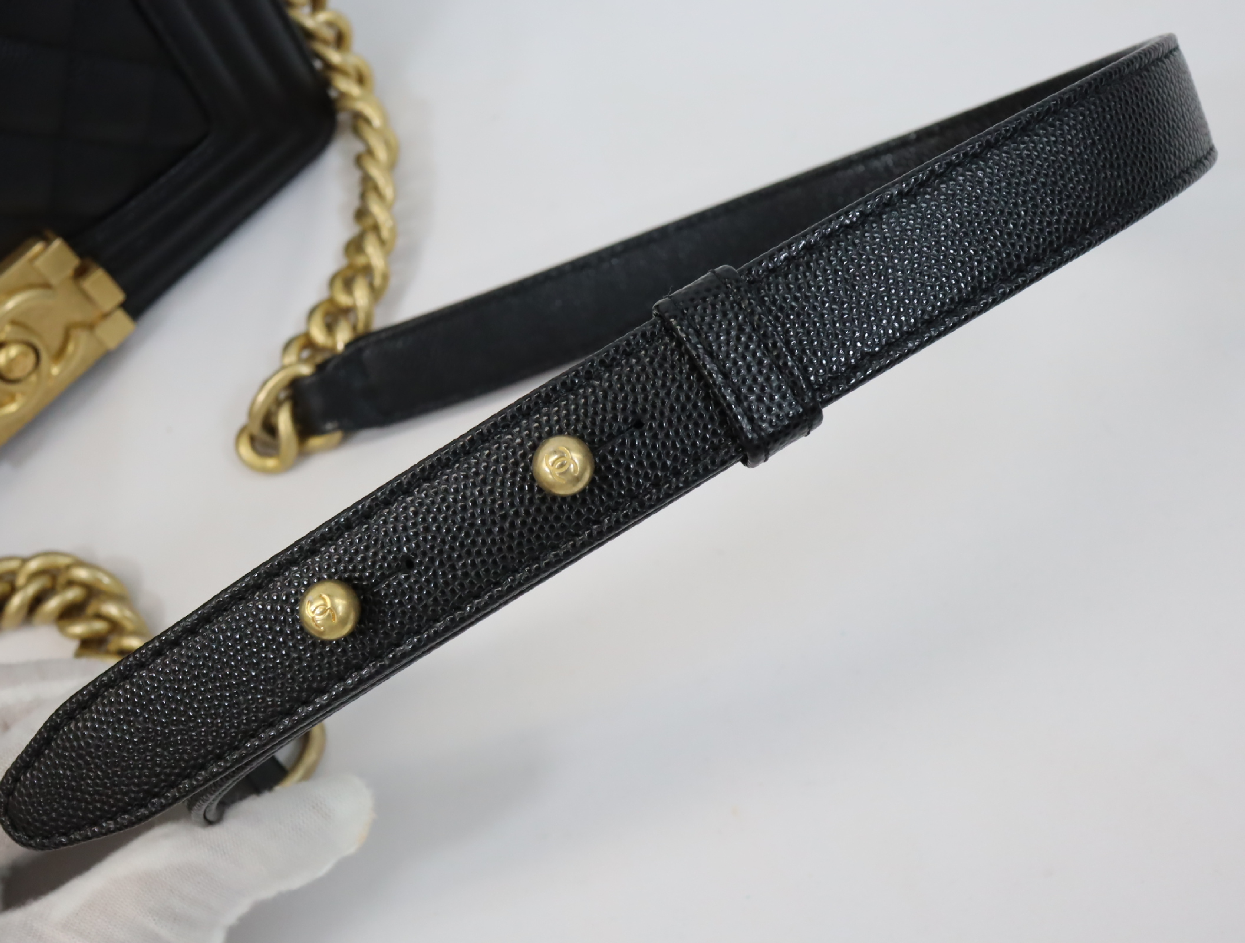 Boy Chanel 20 Small Caviar Skin Chain Shoulder Bag, Black with Gold Hardware and Random Plate Design (A67085) — view 12