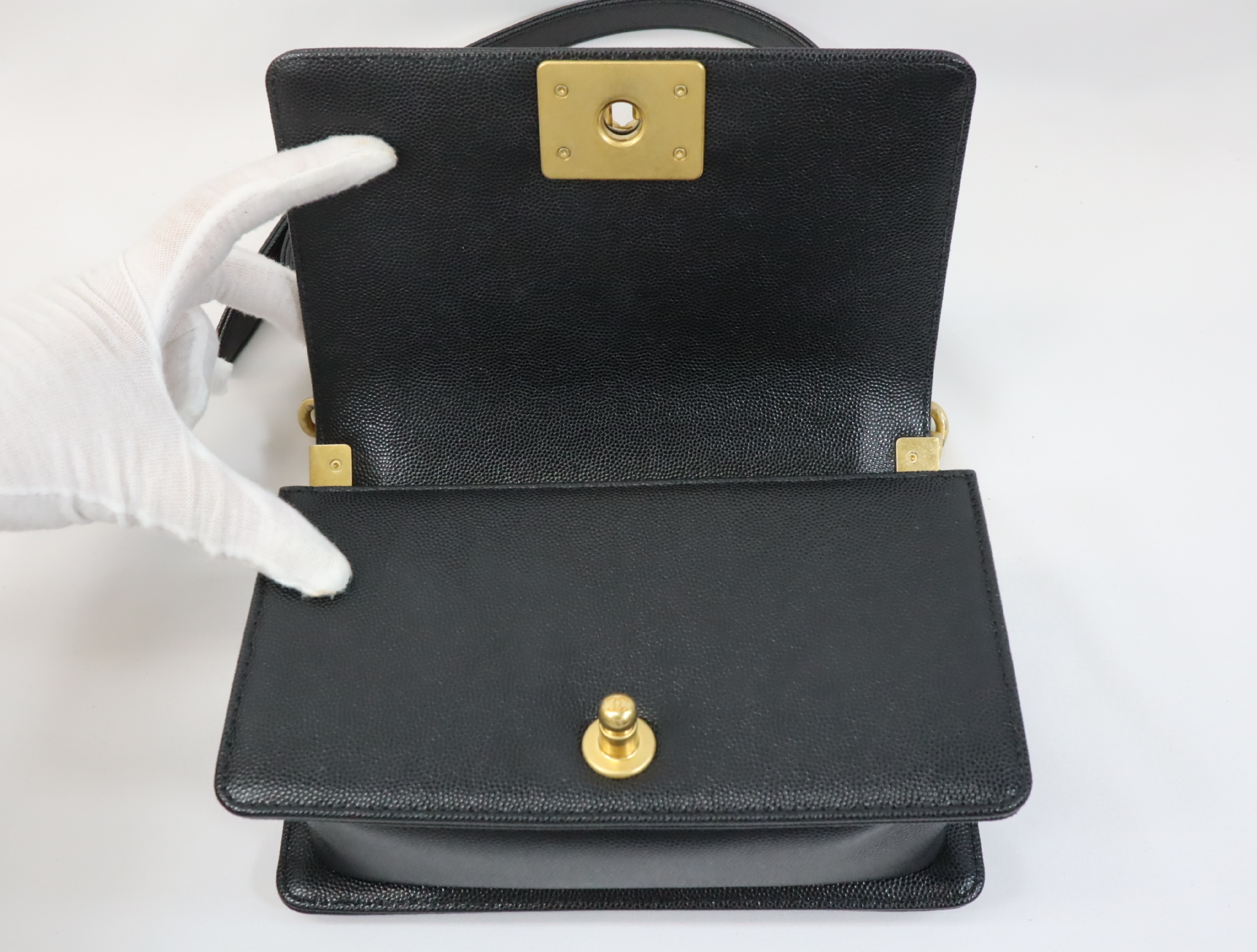 Boy Chanel 20 Small Caviar Skin Chain Shoulder Bag, Black with Gold Hardware and Random Plate Design (A67085) — view 13
