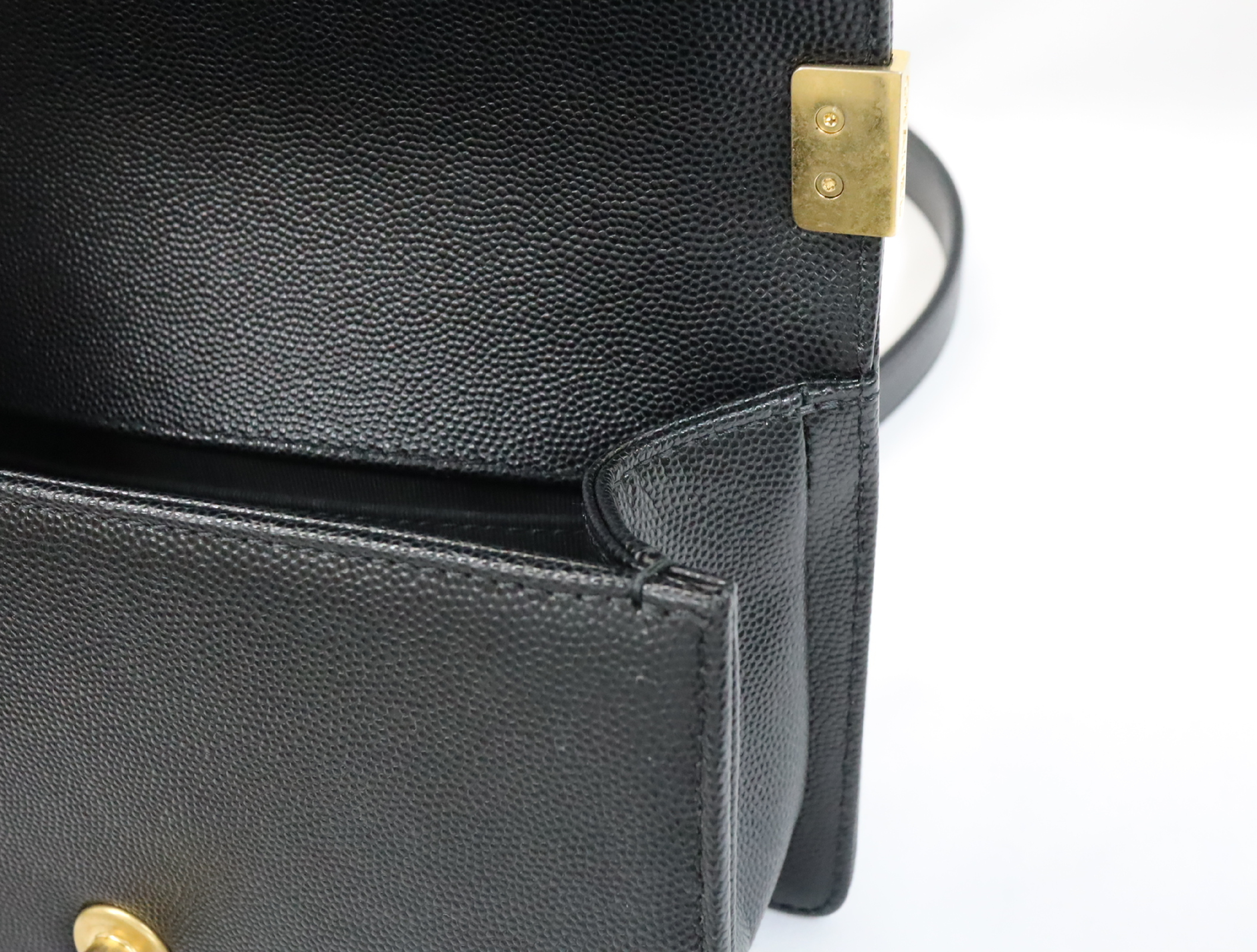 Boy Chanel 20 Small Caviar Skin Chain Shoulder Bag, Black with Gold Hardware and Random Plate Design (A67085) — view 14
