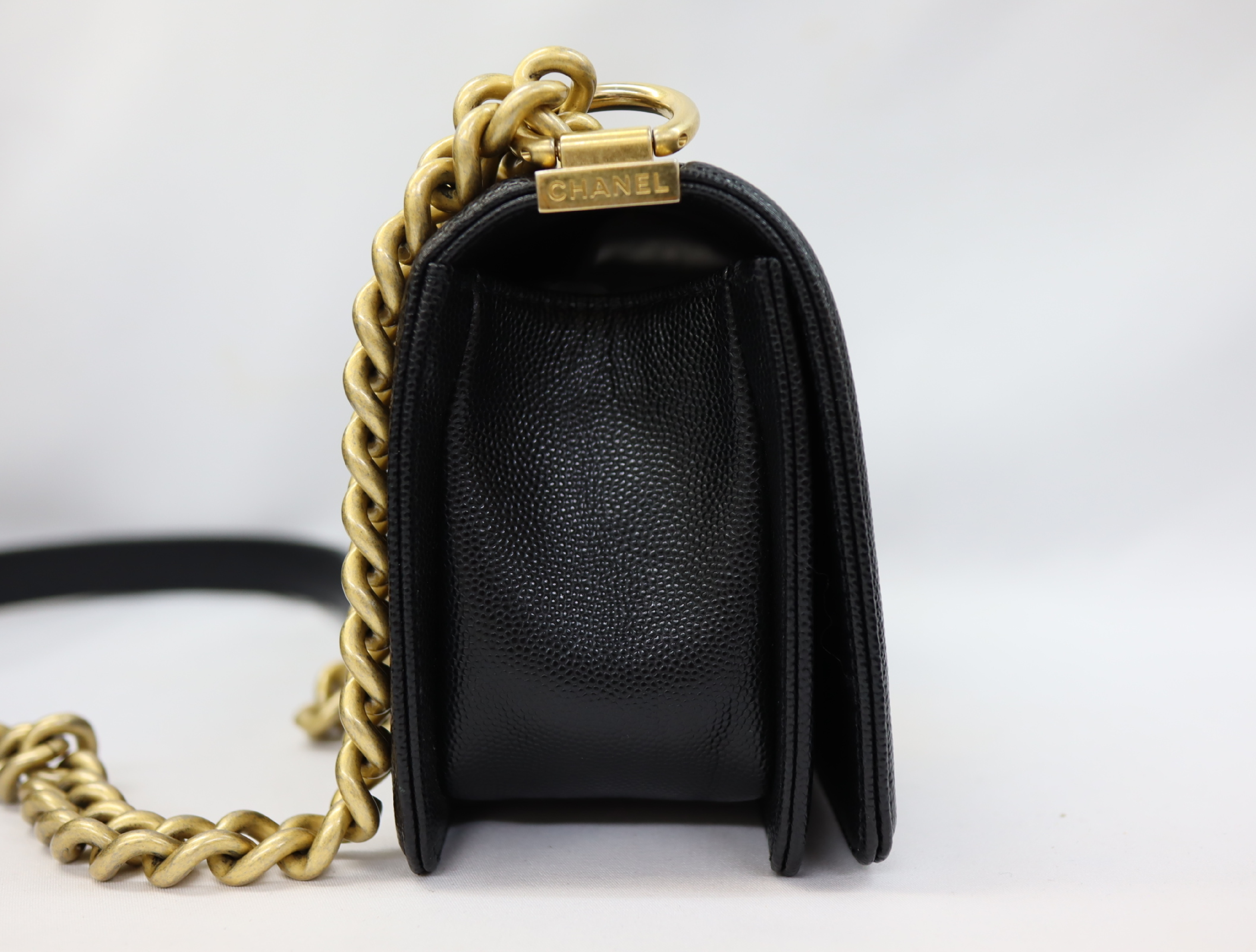 Boy Chanel 20 Small Caviar Skin Chain Shoulder Bag, Black with Gold Hardware and Random Plate Design (A67085) — view 3