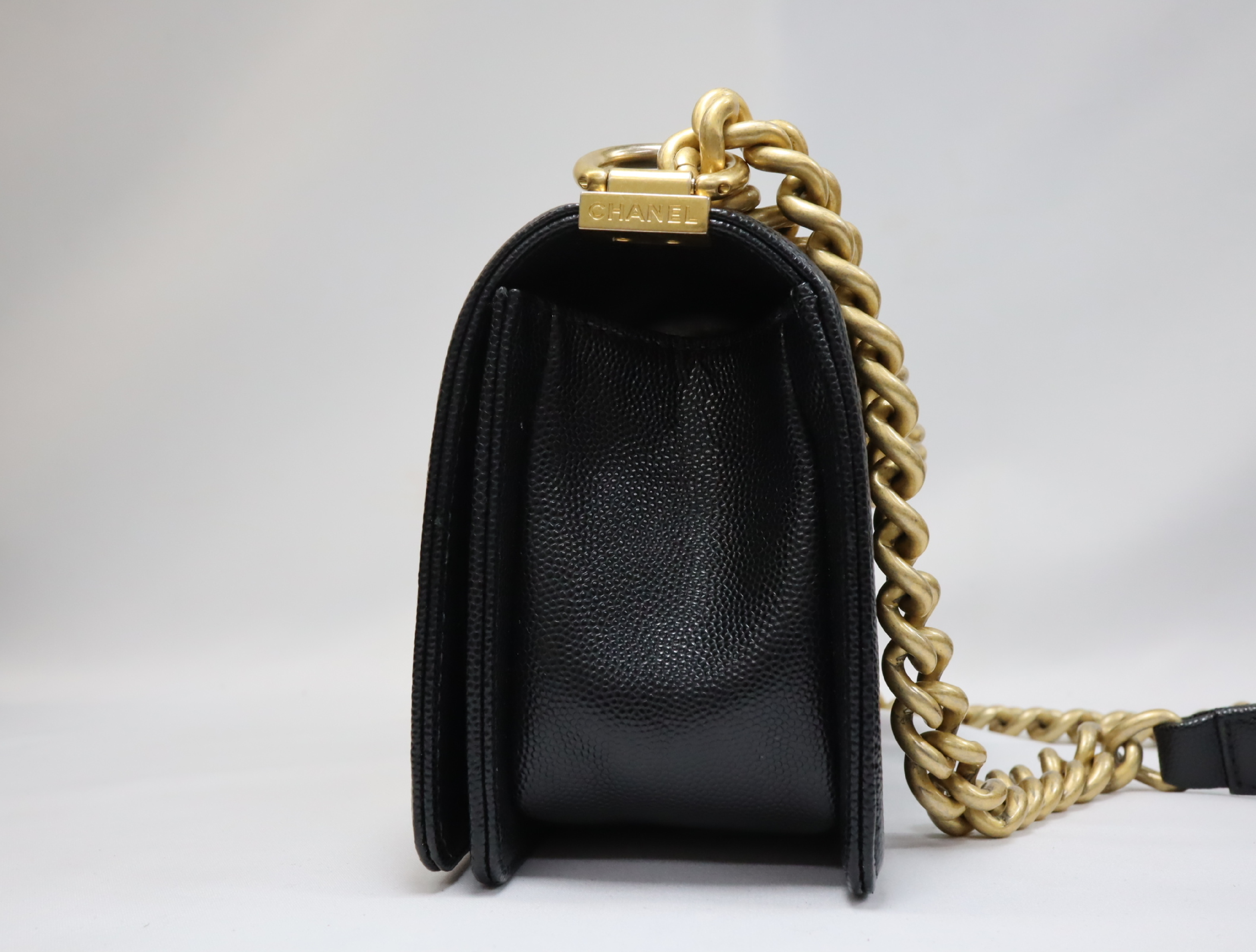 Boy Chanel 20 Small Caviar Skin Chain Shoulder Bag, Black with Gold Hardware and Random Plate Design (A67085) — view 4
