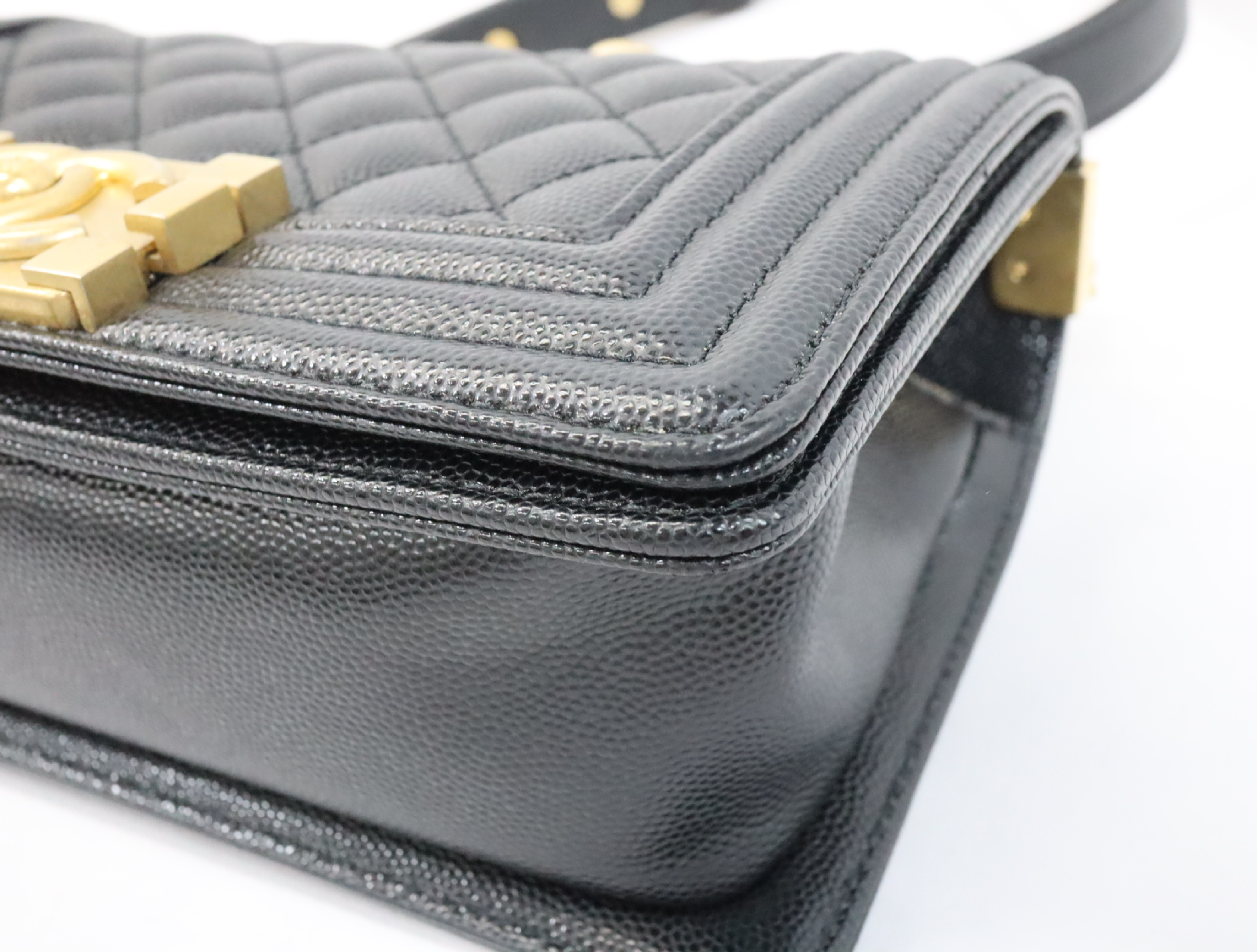 Boy Chanel 20 Small Caviar Skin Chain Shoulder Bag, Black with Gold Hardware and Random Plate Design (A67085) — view 6