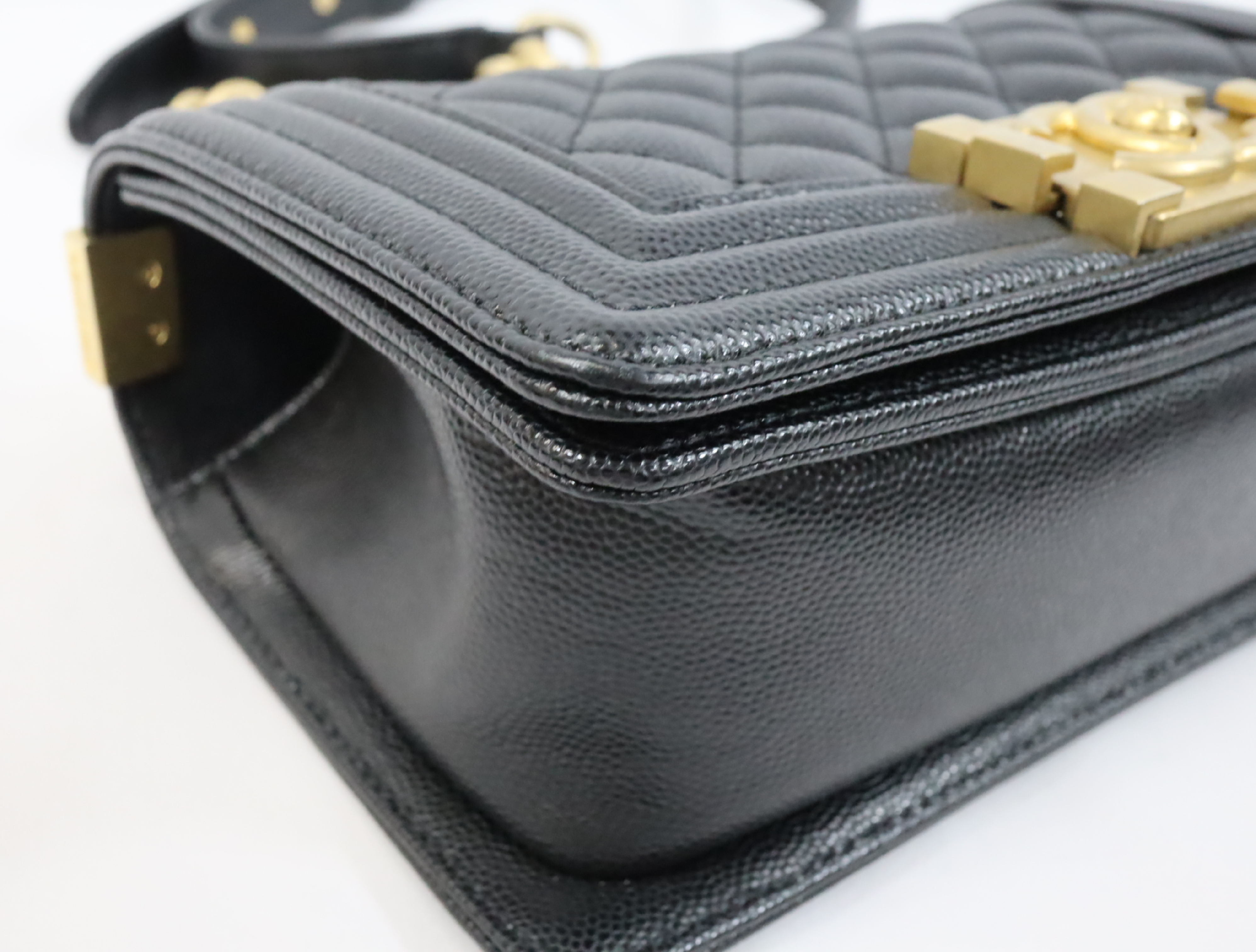 Boy Chanel 20 Small Caviar Skin Chain Shoulder Bag, Black with Gold Hardware and Random Plate Design (A67085) — view 7