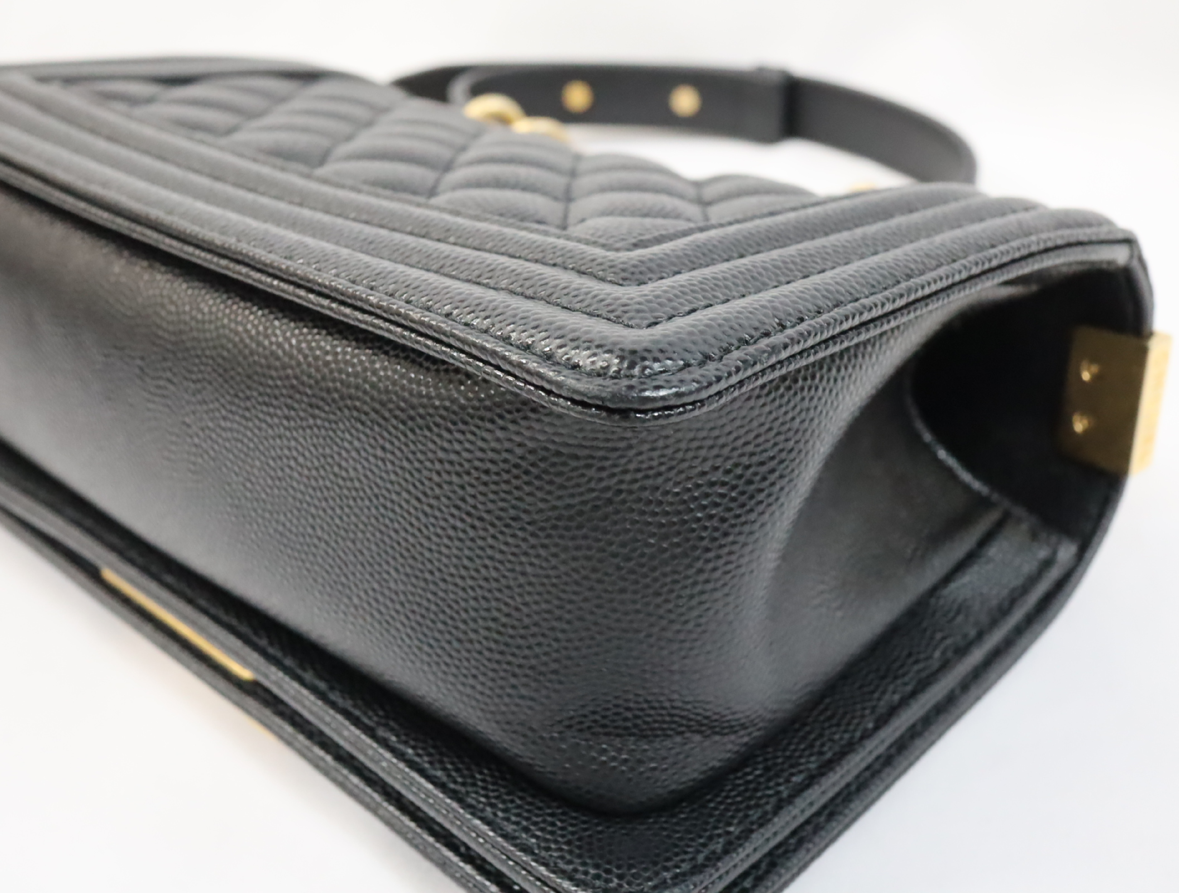 Boy Chanel 20 Small Caviar Skin Chain Shoulder Bag, Black with Gold Hardware and Random Plate Design (A67085) — view 8