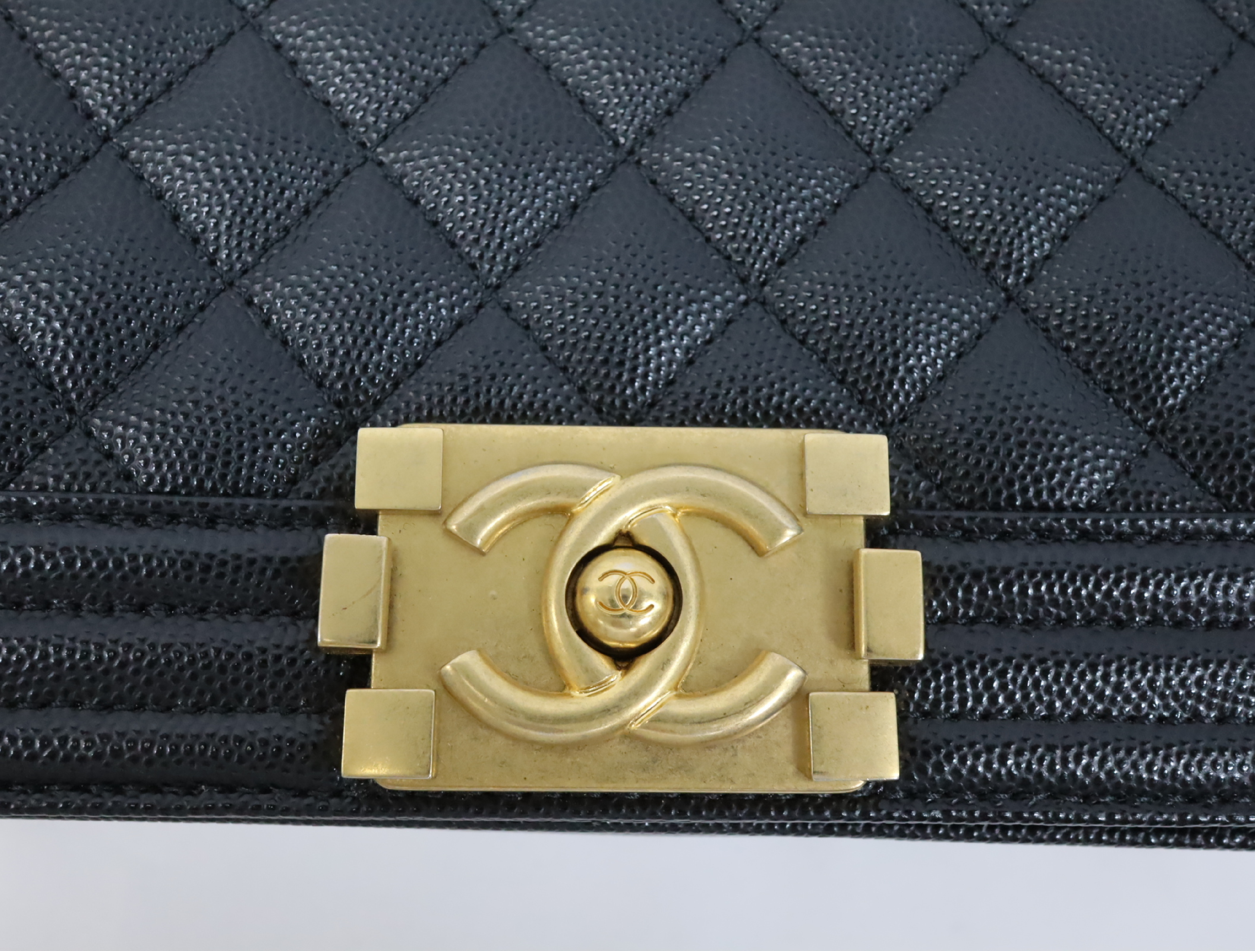 Boy Chanel 20 Small Caviar Skin Chain Shoulder Bag, Black with Gold Hardware and Random Plate Design (A67085) — view 10