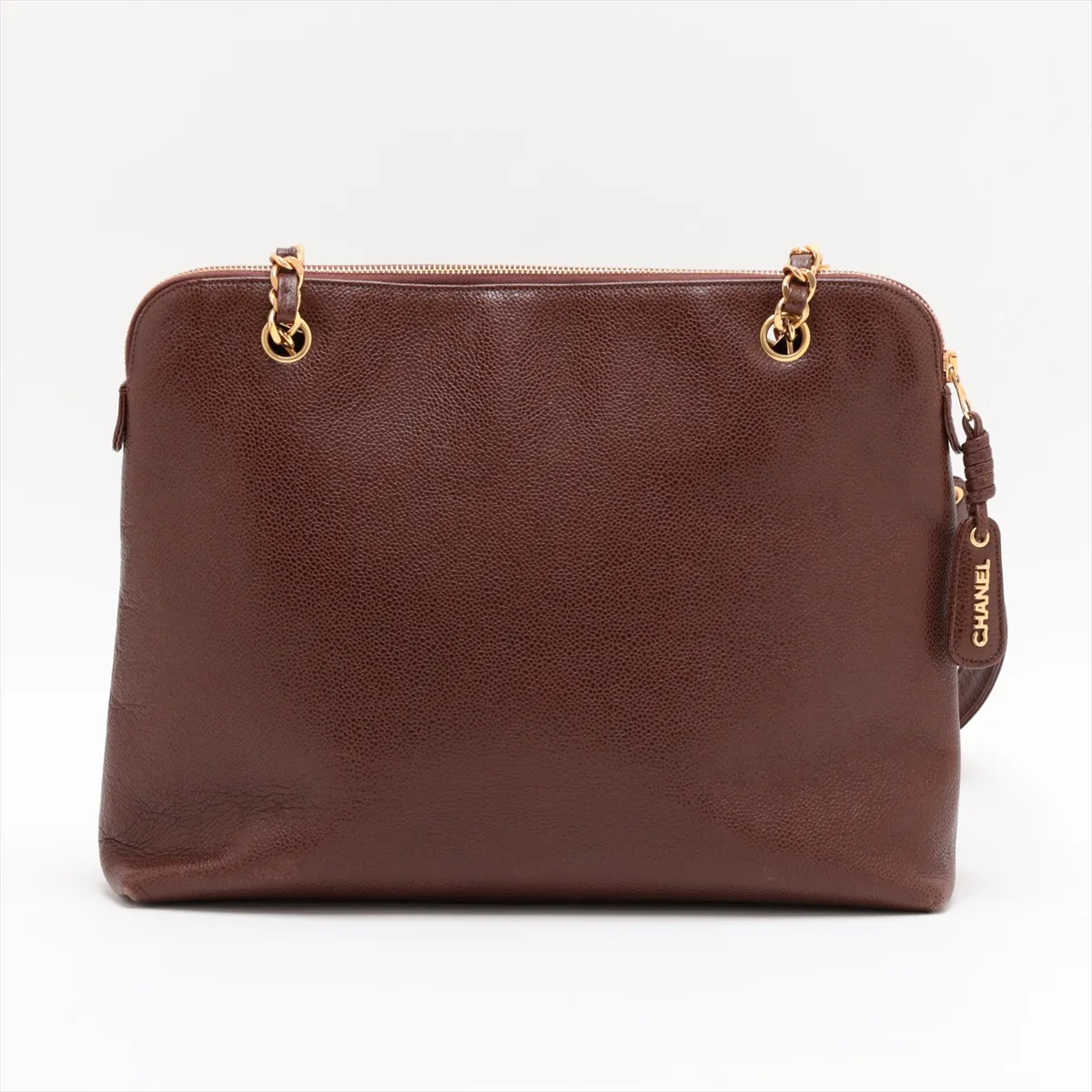 Coco Mark Caviar Skin Chain Tote Bag, Brown with Gold Hardware — view 2