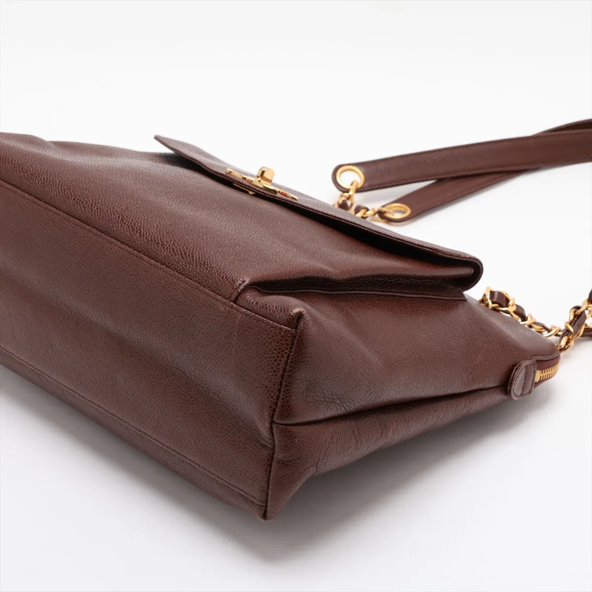 Coco Mark Caviar Skin Chain Tote Bag, Brown with Gold Hardware — view 3