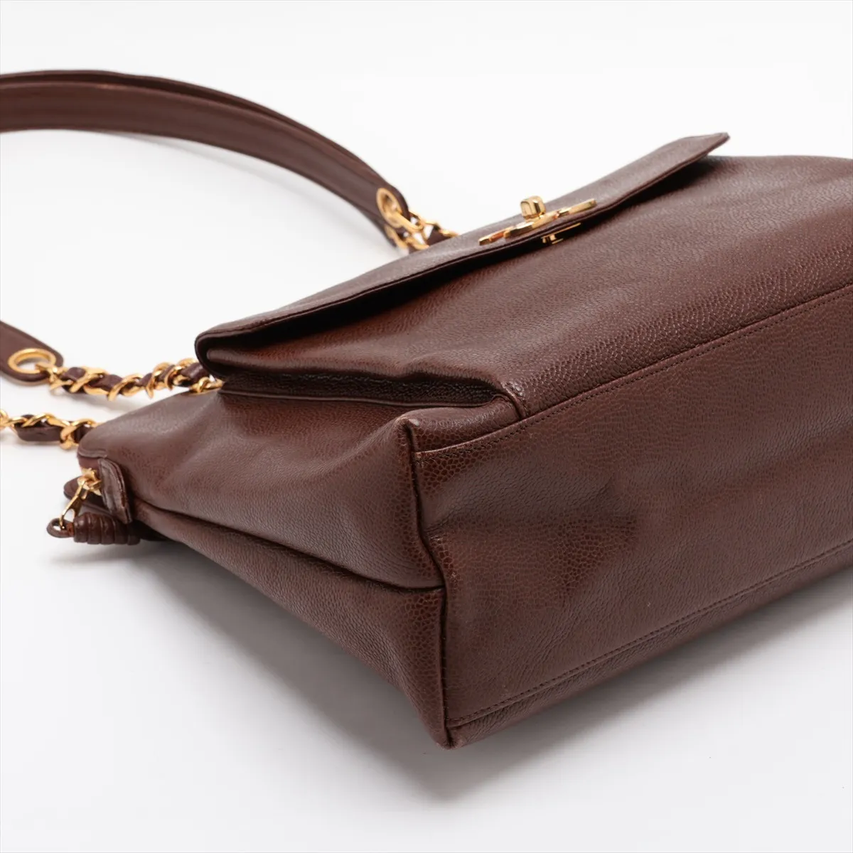 Coco Mark Caviar Skin Chain Tote Bag, Brown with Gold Hardware — view 4