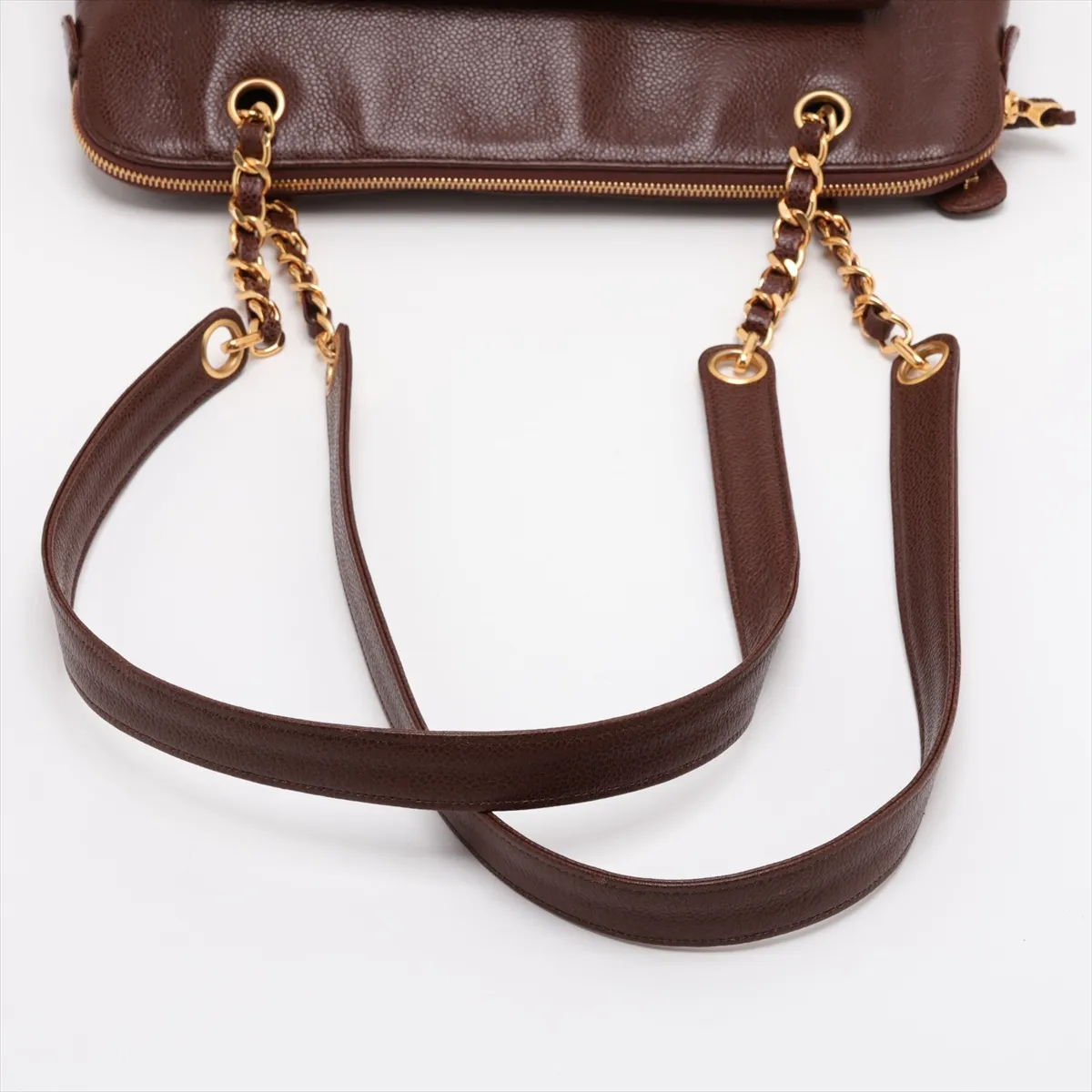 Coco Mark Caviar Skin Chain Tote Bag, Brown with Gold Hardware — view 5