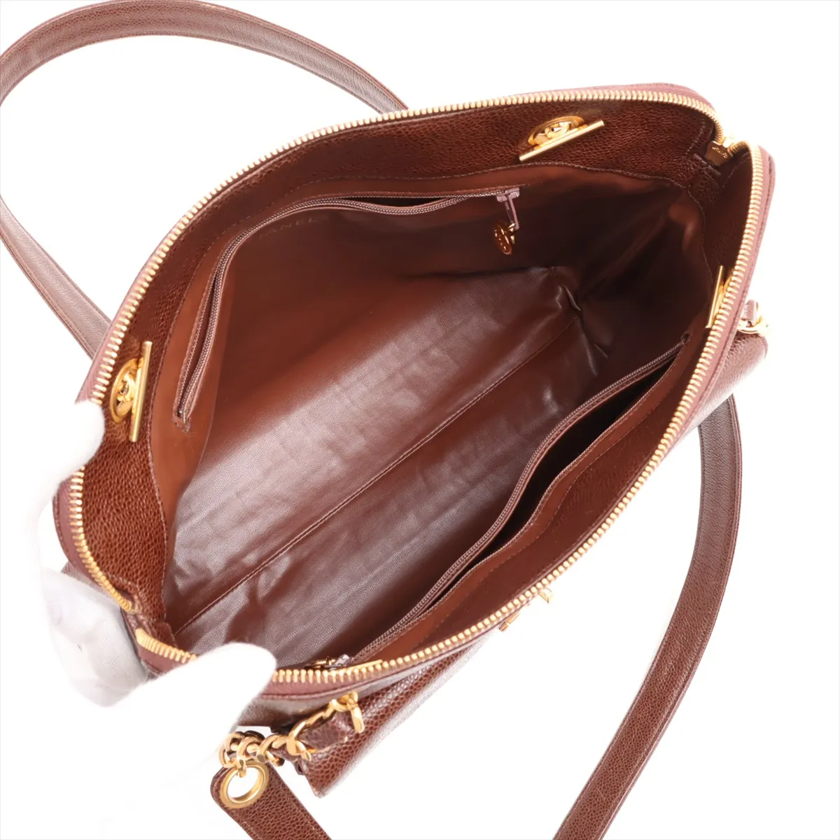 Coco Mark Caviar Skin Chain Tote Bag, Brown with Gold Hardware — view 7