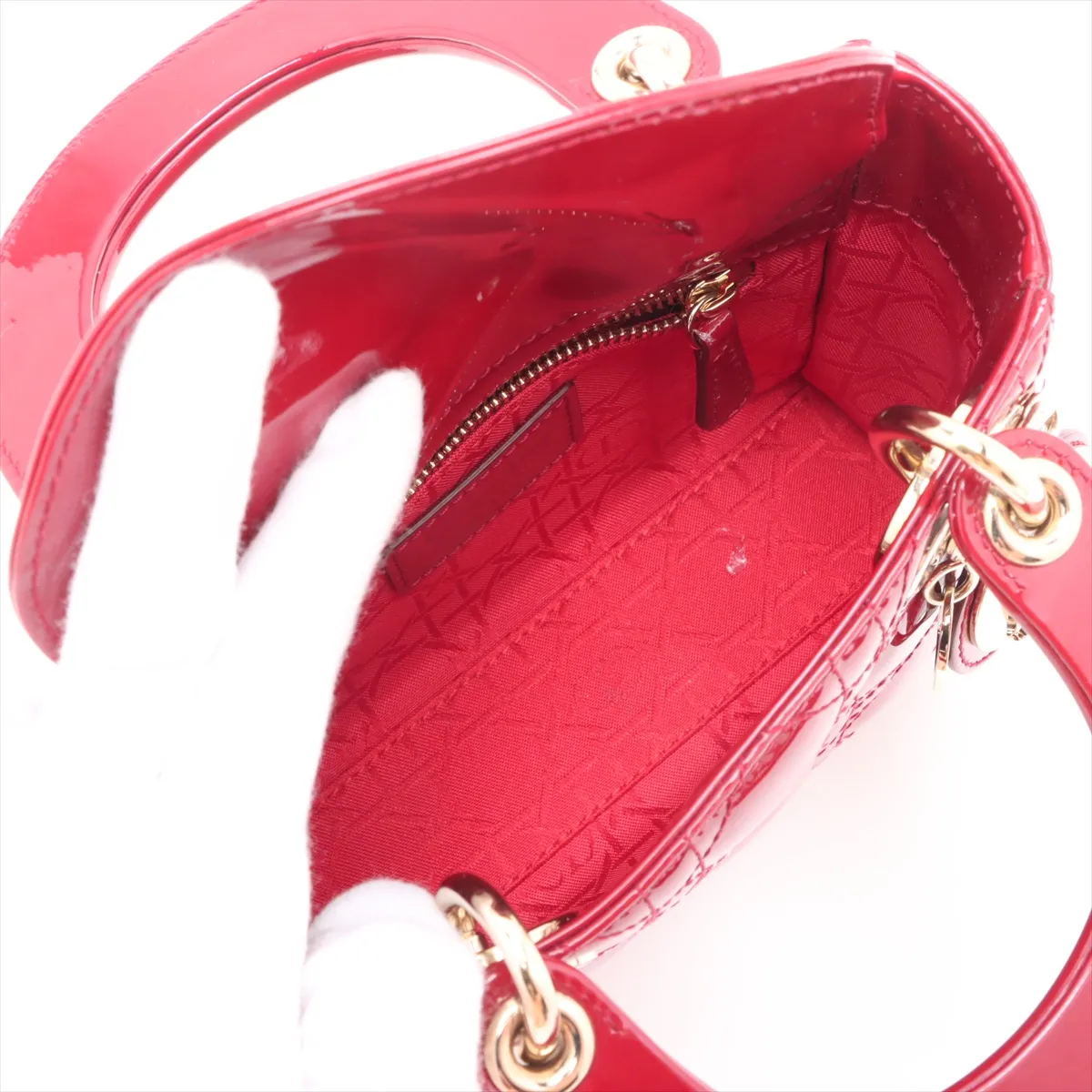 Cannage Lady Dior Mini Patent Leather 2WAY Handbag Red — view 8