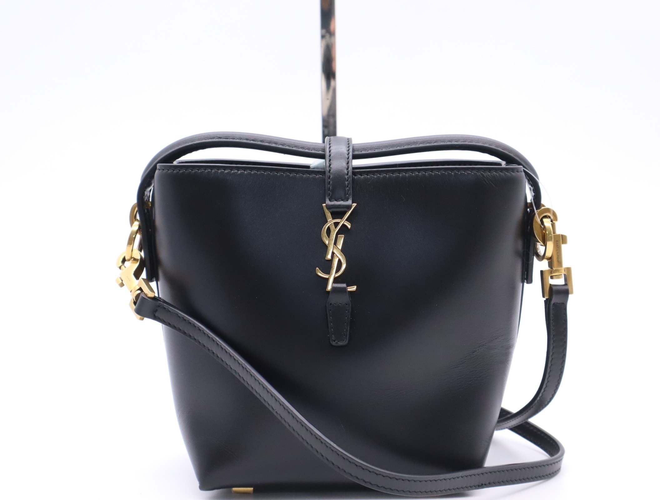 Leather Mini Bucket 2-Way Shoulder Bag, Black, Gold Hardware