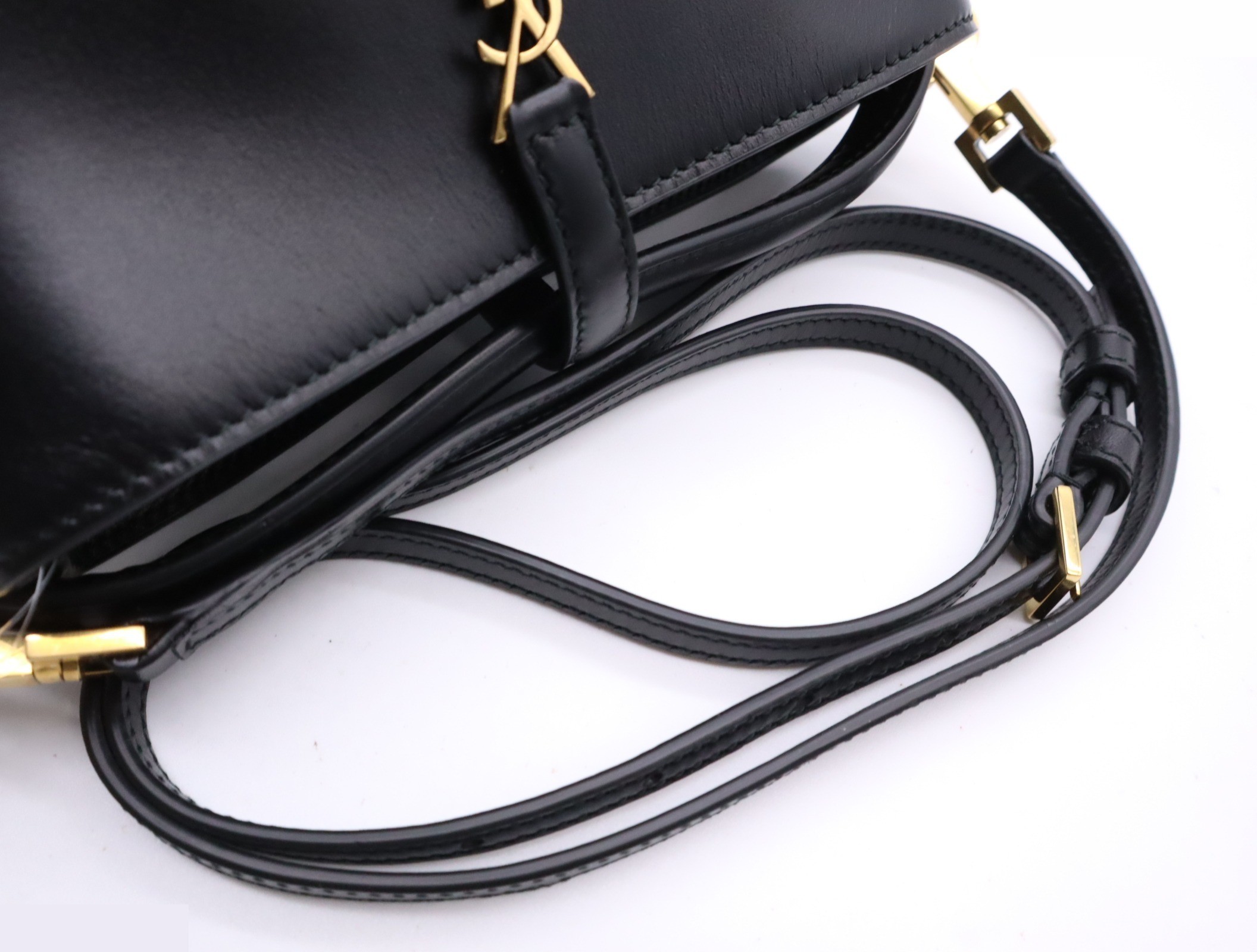 Leather Mini Bucket 2-Way Shoulder Bag, Black, Gold Hardware — view 6