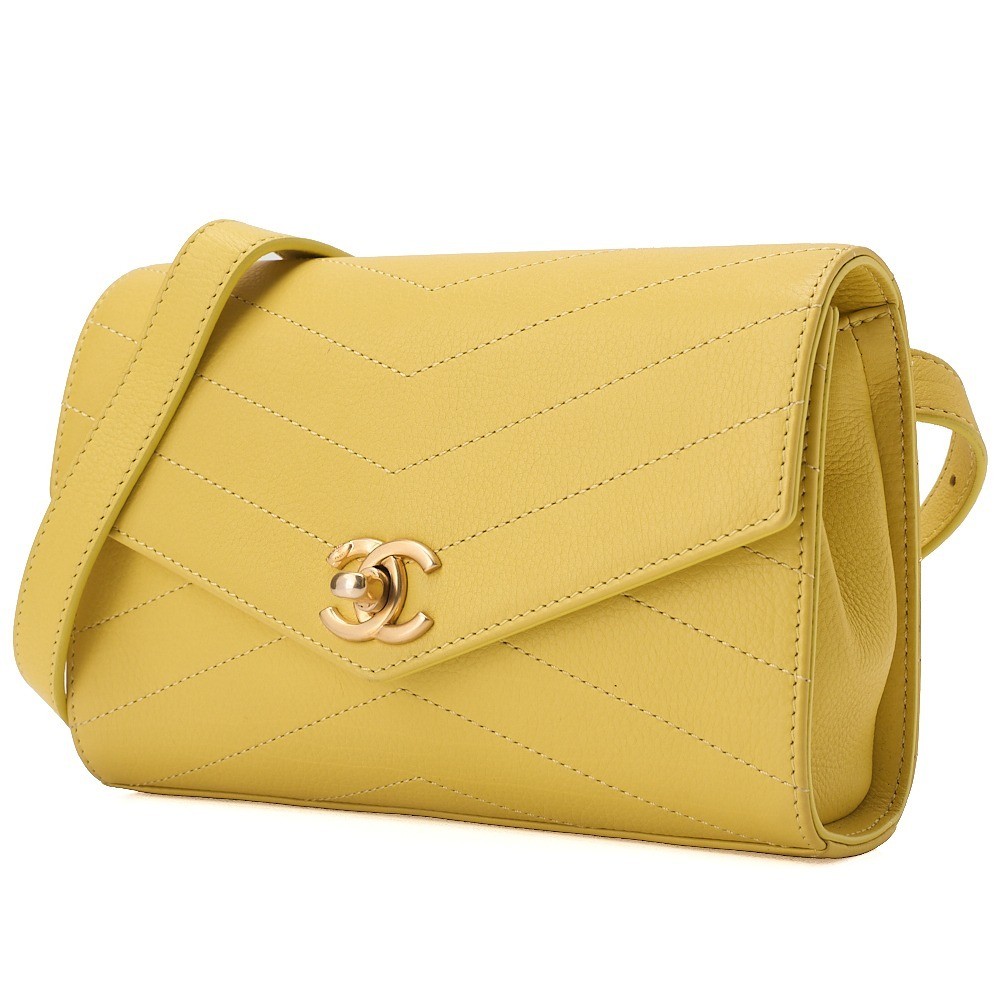 Calfskin V-stitch V-flap single chain shoulder bag, yellow — view 3
