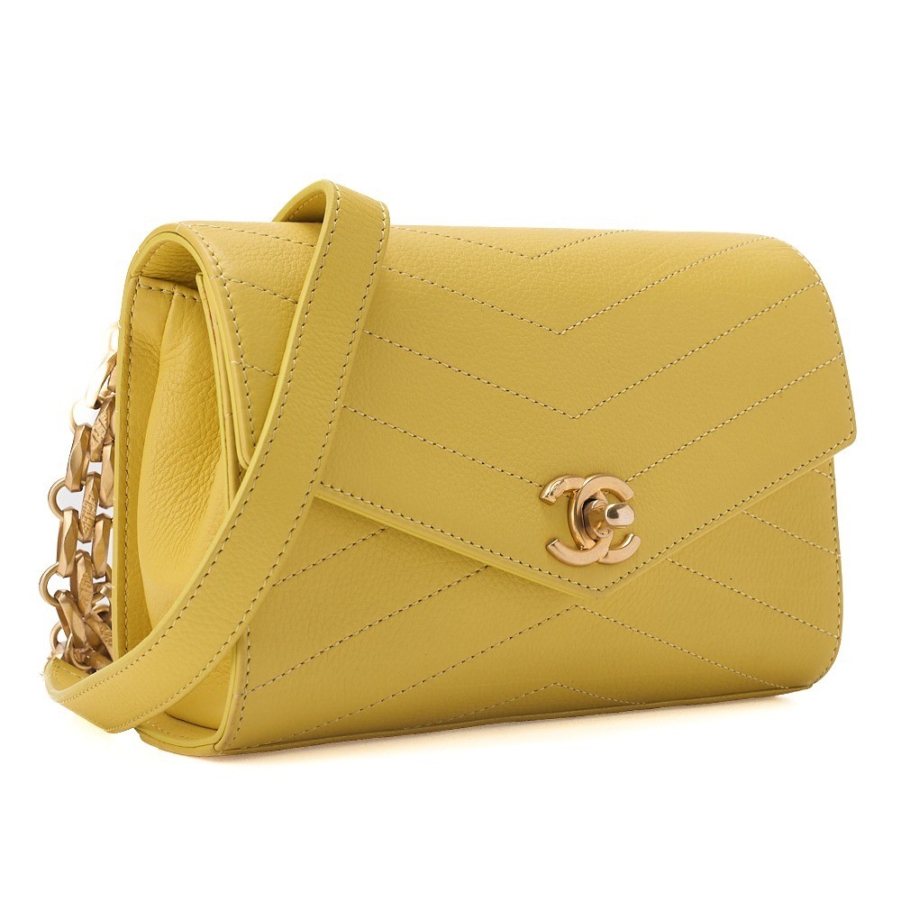 Calfskin V-stitch V-flap single chain shoulder bag, yellow — view 4