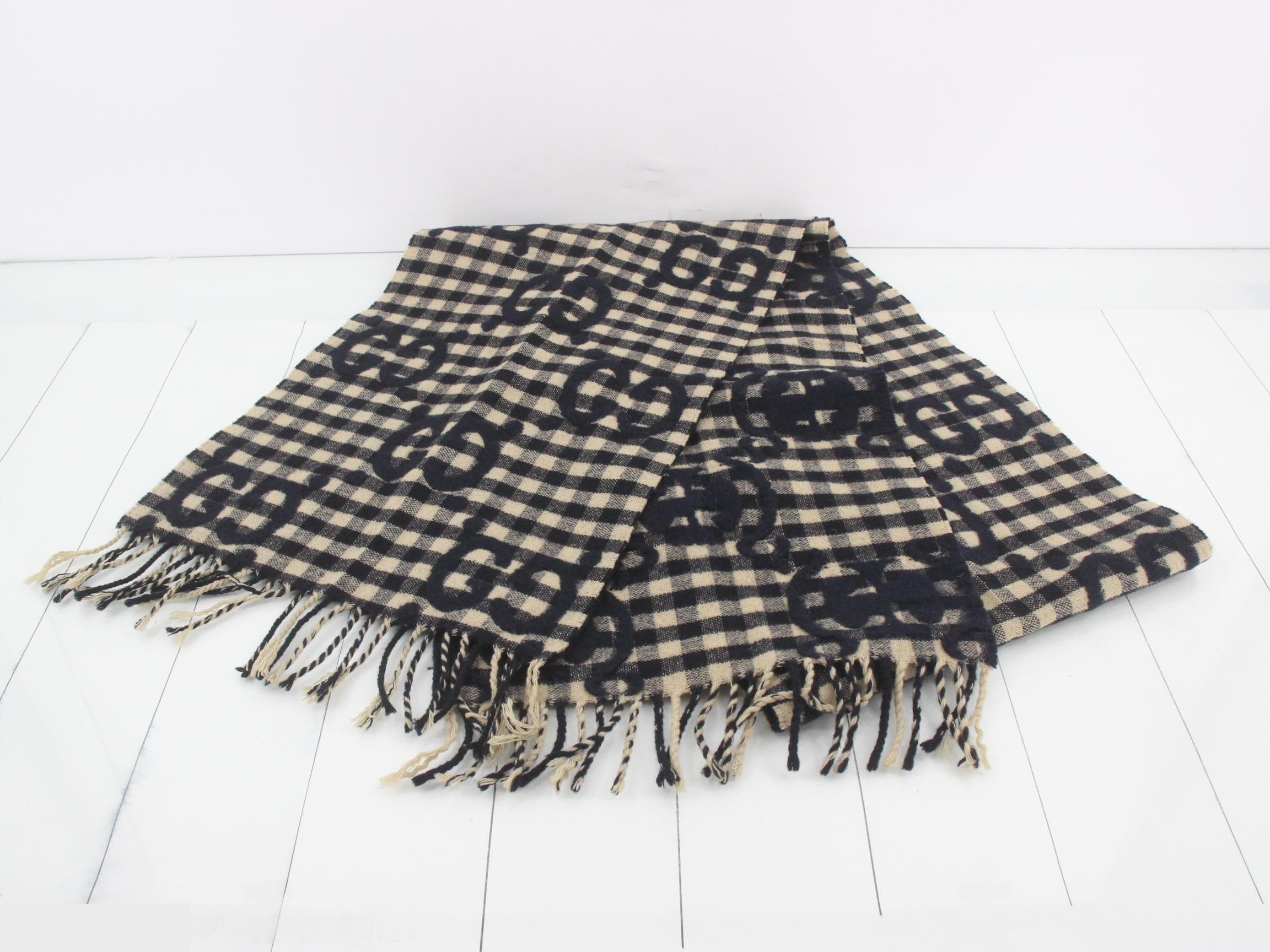 Jumbo GG Scarf, Gingham Check, Ivory, Black — view 2