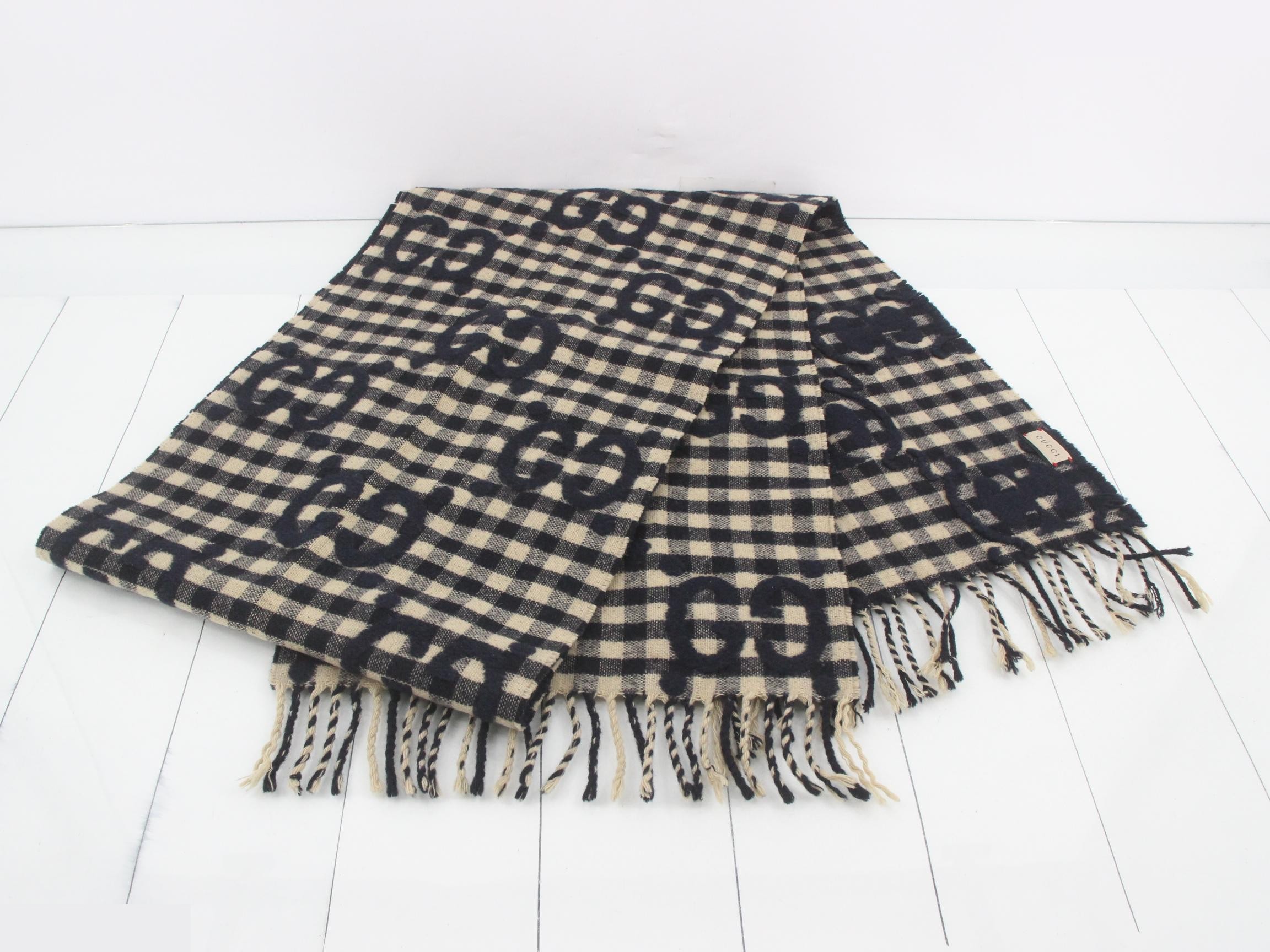 Jumbo GG Scarf, Gingham Check, Ivory, Black — view 3
