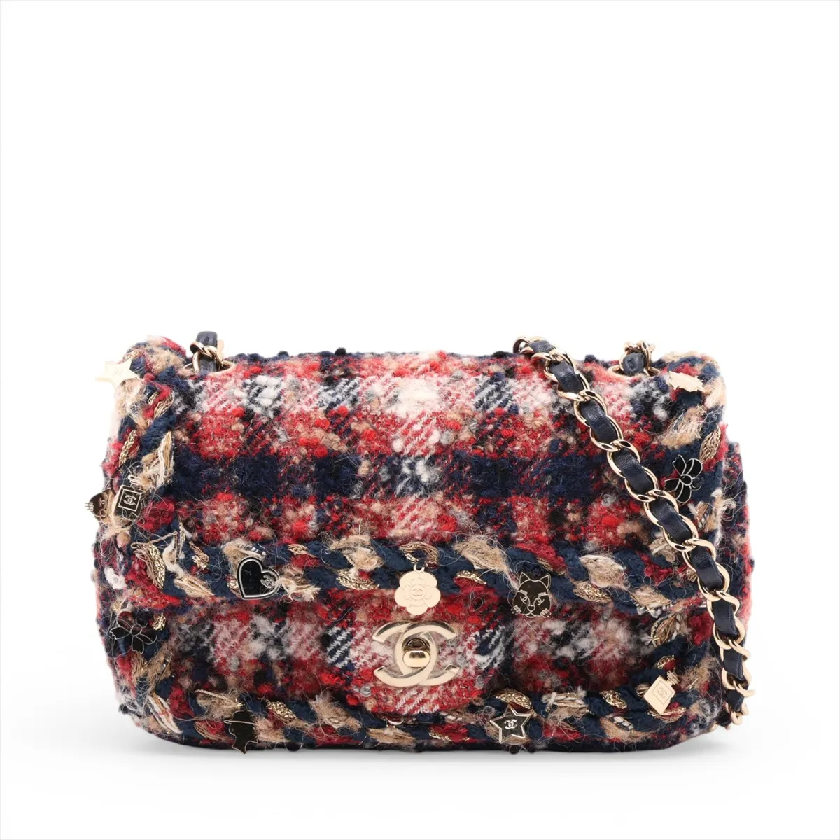 Mini Matelassé Tweed Single Flap Single Chain Bag with Charm, Red x Navy, Gold Hardware, 24614996, Serial Number 24