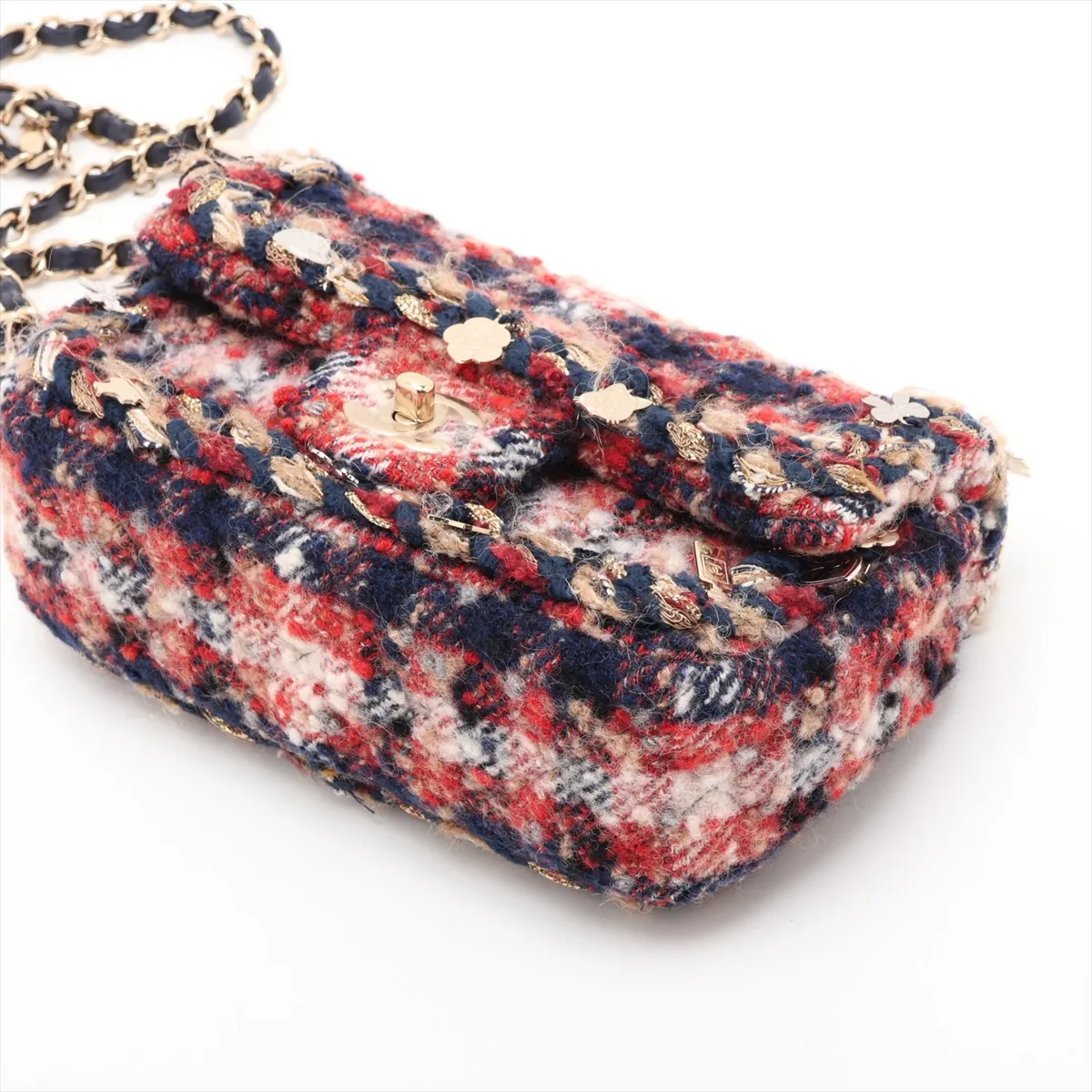 Mini Matelassé Tweed Single Flap Single Chain Bag with Charm, Red x Navy, Gold Hardware, 24614996, Serial Number 24 — view 3