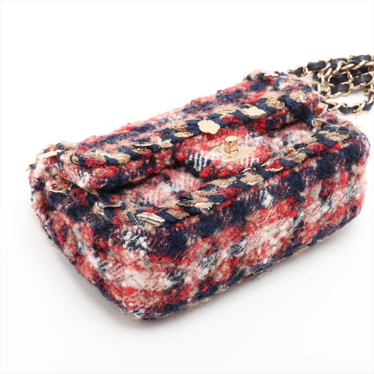 Mini Matelassé Tweed Single Flap Single Chain Bag with Charm, Red x Navy, Gold Hardware, 24614996, Serial Number 24 — view 4