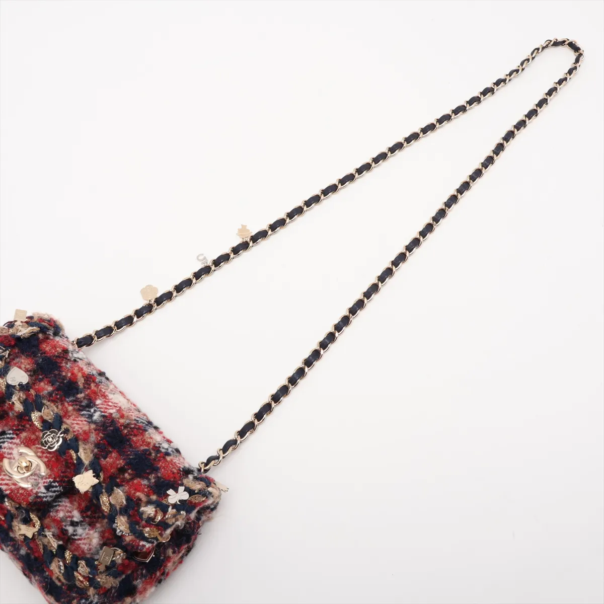 Mini Matelassé Tweed Single Flap Single Chain Bag with Charm, Red x Navy, Gold Hardware, 24614996, Serial Number 24 — view 5