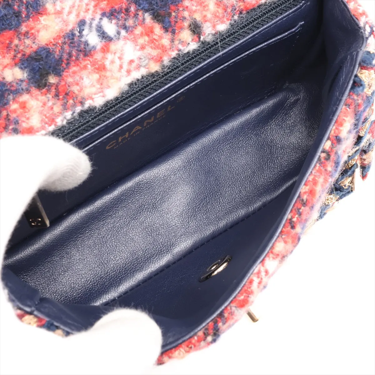 Mini Matelassé Tweed Single Flap Single Chain Bag with Charm, Red x Navy, Gold Hardware, 24614996, Serial Number 24 — view 6