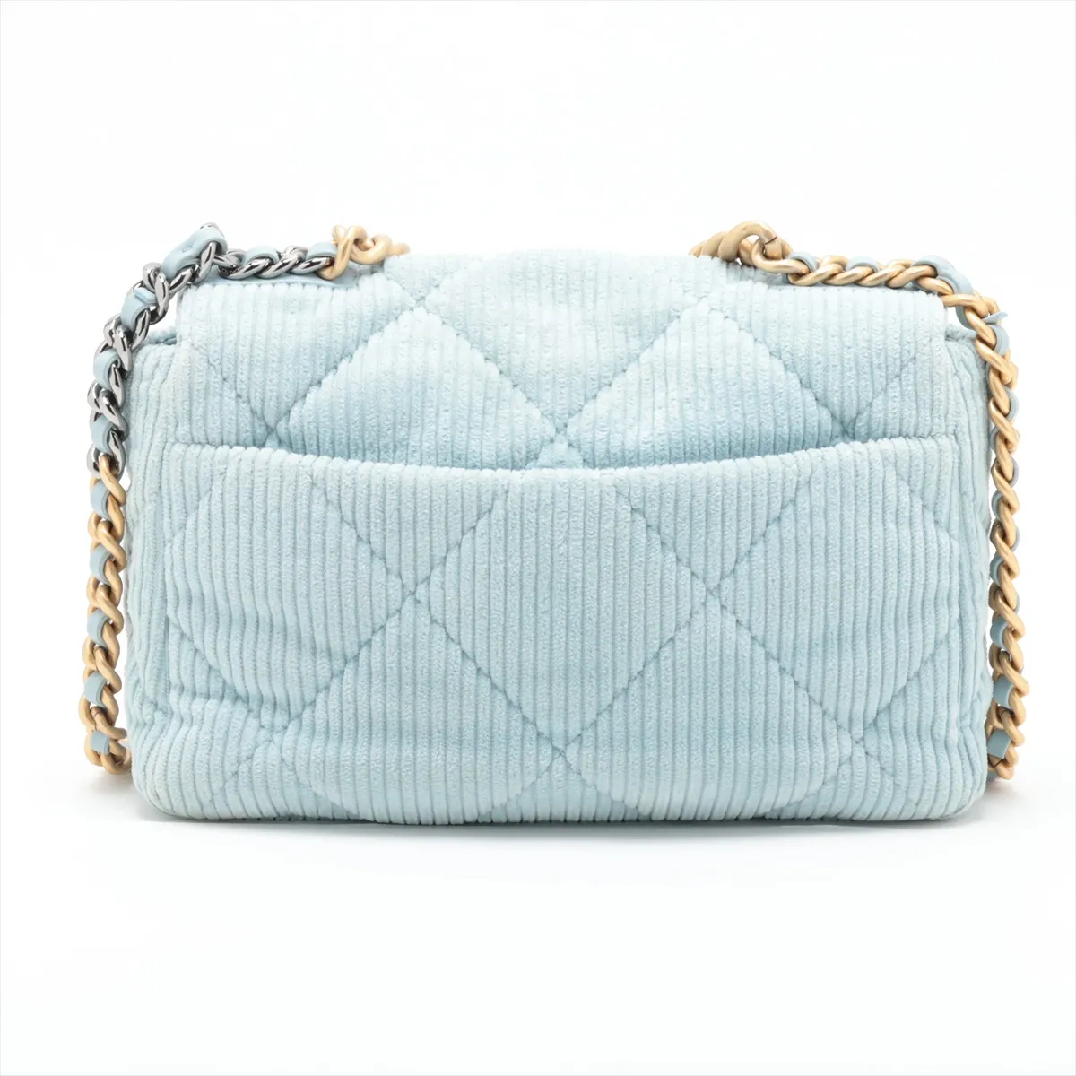 19 Large Corduroy x Leather Chain Shoulder Bag, Blue, Gold x Silver Hardware, TGLT9T0L, Random Plate, AS1161 — view 2