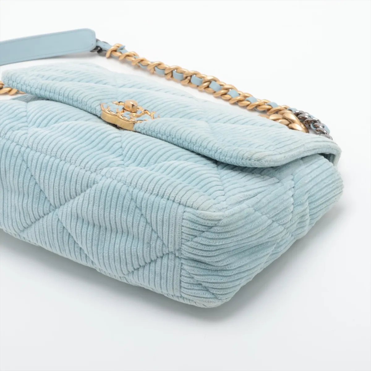 19 Large Corduroy x Leather Chain Shoulder Bag, Blue, Gold x Silver Hardware, TGLT9T0L, Random Plate, AS1161 — view 3
