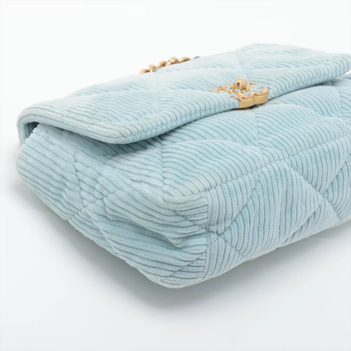 19 Large Corduroy x Leather Chain Shoulder Bag, Blue, Gold x Silver Hardware, TGLT9T0L, Random Plate, AS1161 — view 4