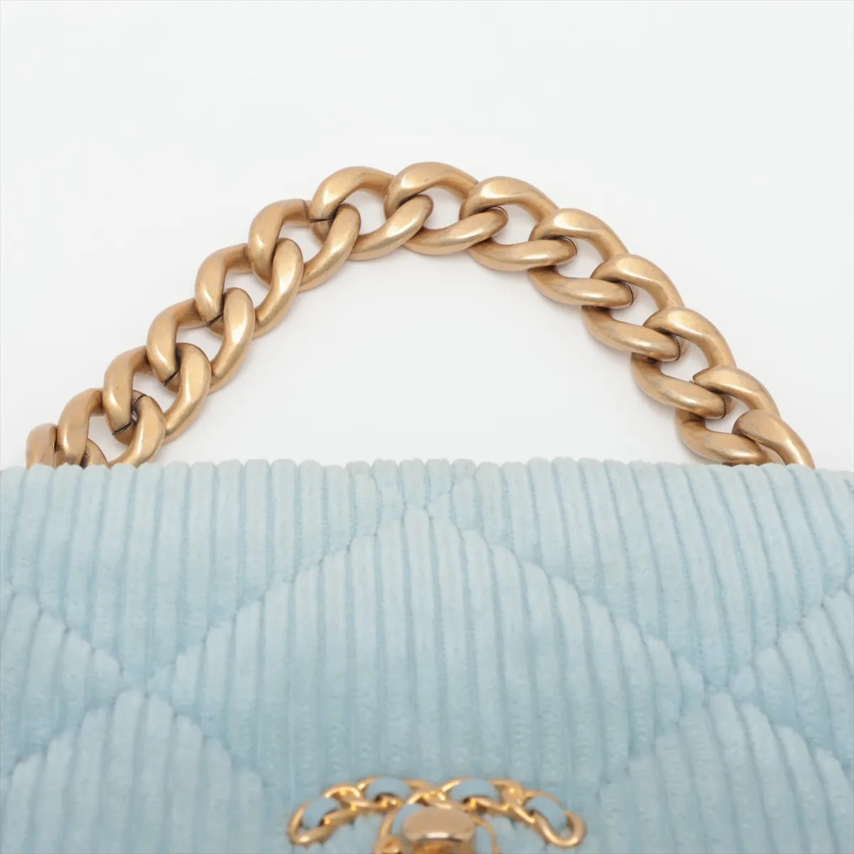 19 Large Corduroy x Leather Chain Shoulder Bag, Blue, Gold x Silver Hardware, TGLT9T0L, Random Plate, AS1161 — view 6