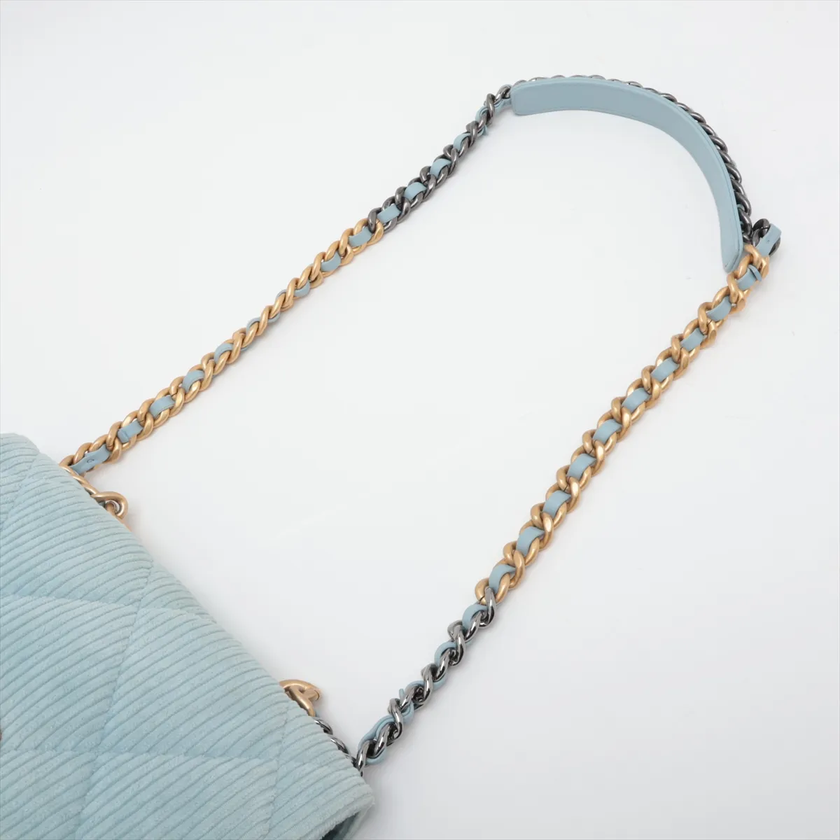 19 Large Corduroy x Leather Chain Shoulder Bag, Blue, Gold x Silver Hardware, TGLT9T0L, Random Plate, AS1161 — view 7