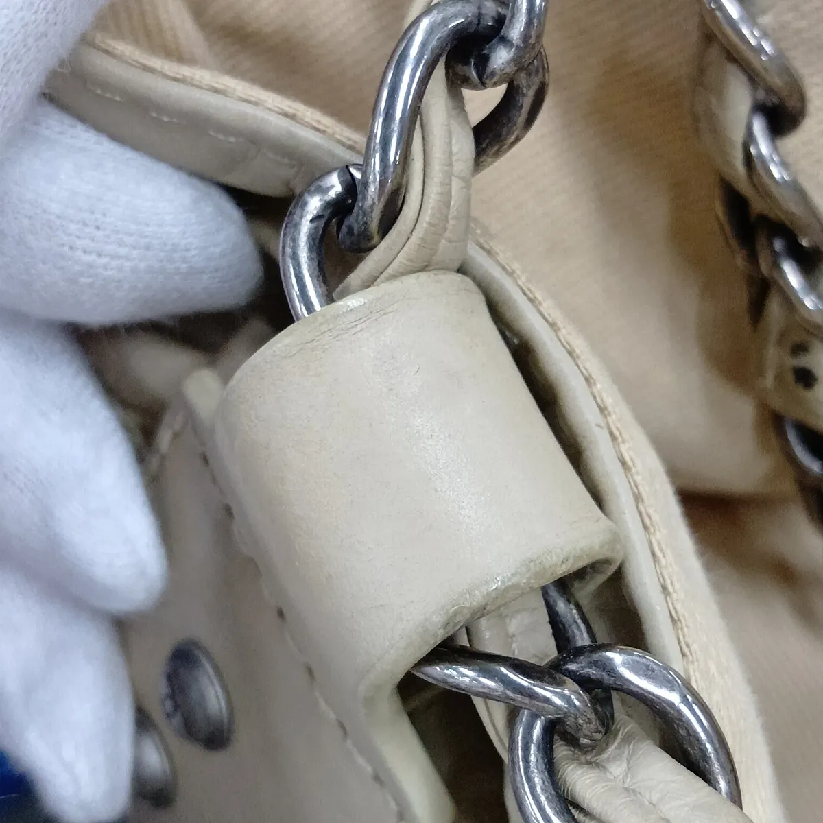 Wild Stitch Leather Chain Tote Bag, Beige, Gunmetal Hardware, Item No. 13367210 (Serial No. 13) — view 10